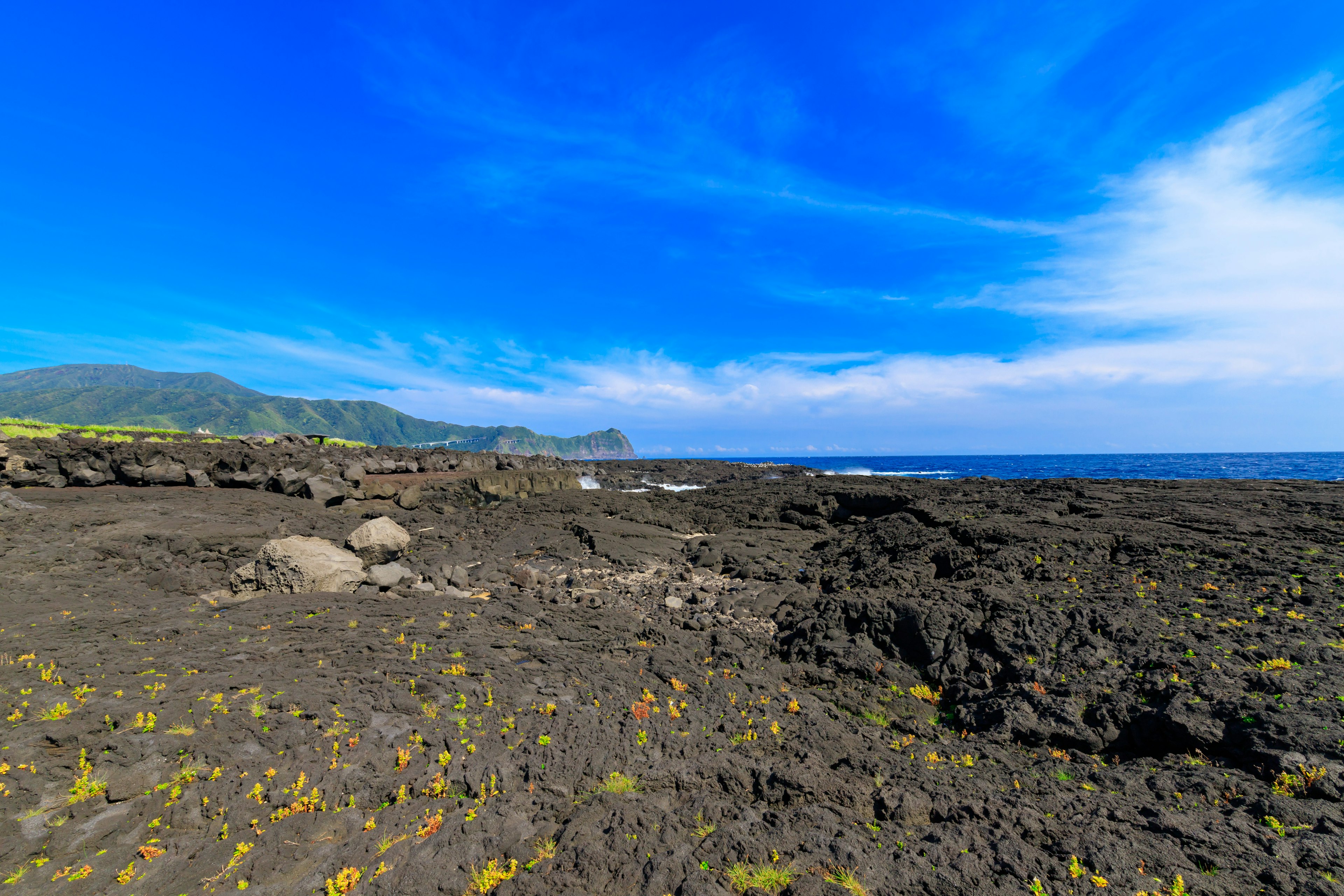 黑色岩石海岸的風景，綠色植物點綴在明亮的藍天下