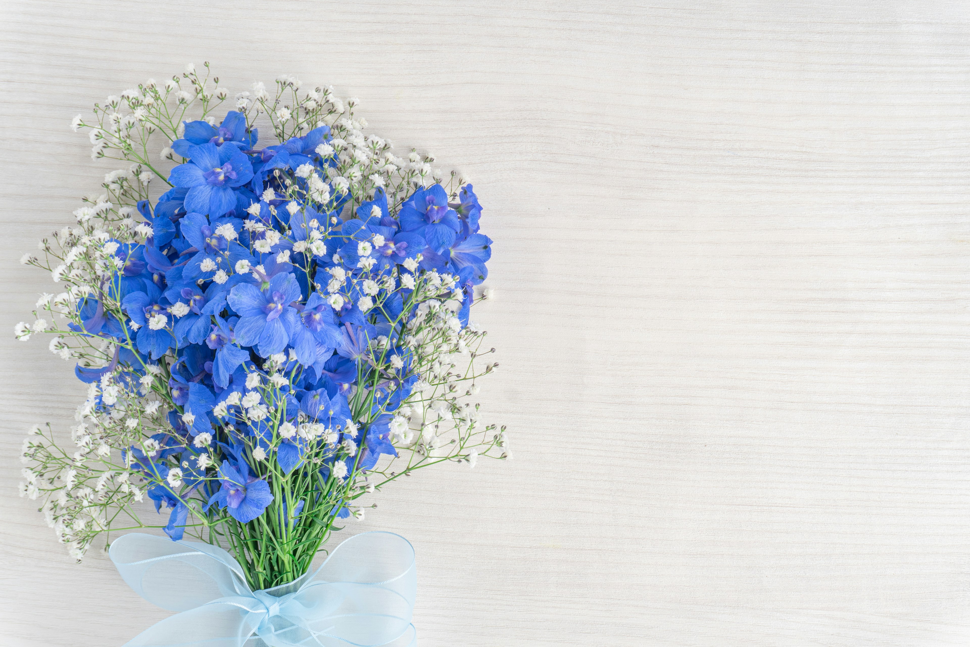 Ramo de flores azules con flores de baby's breath blancas sobre un fondo claro