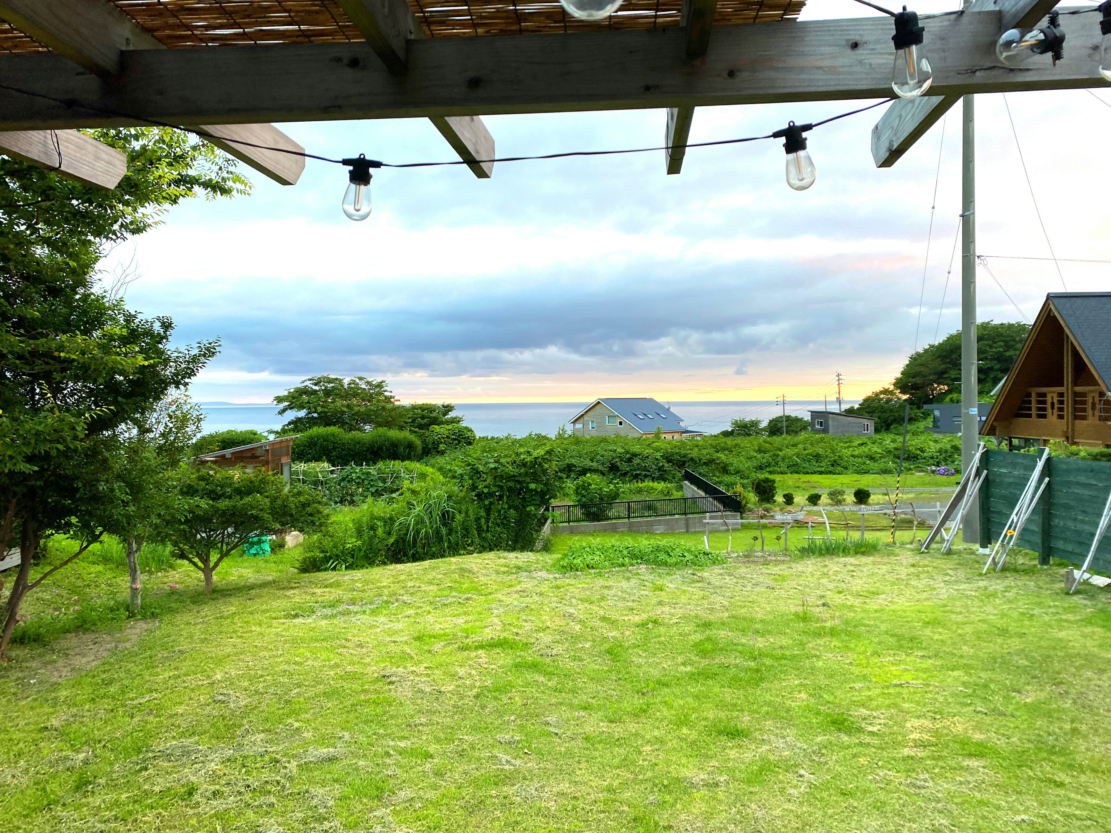 View of a garden with lush greenery and ocean in the background