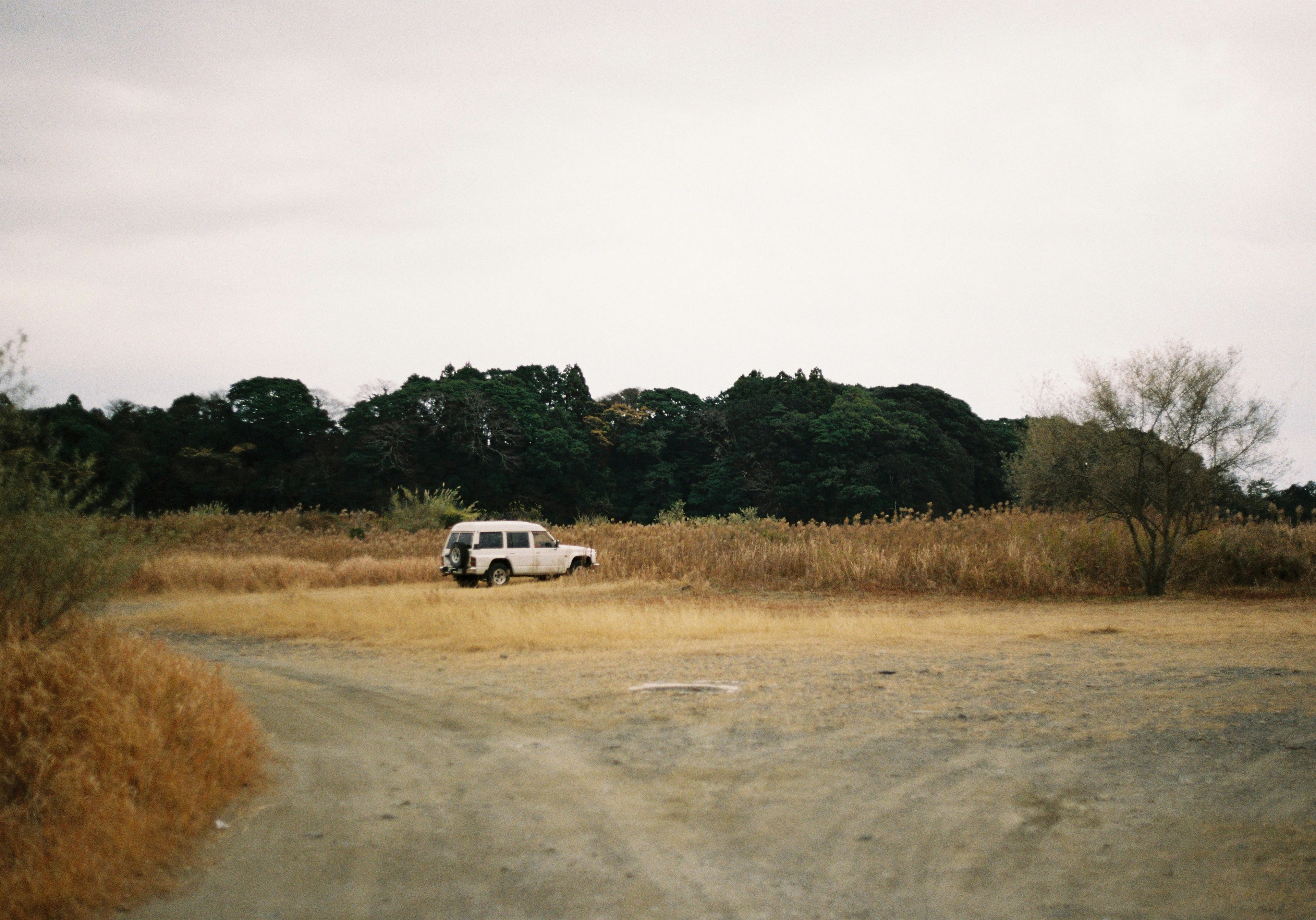 A white vehicle parked in a dry grassland area