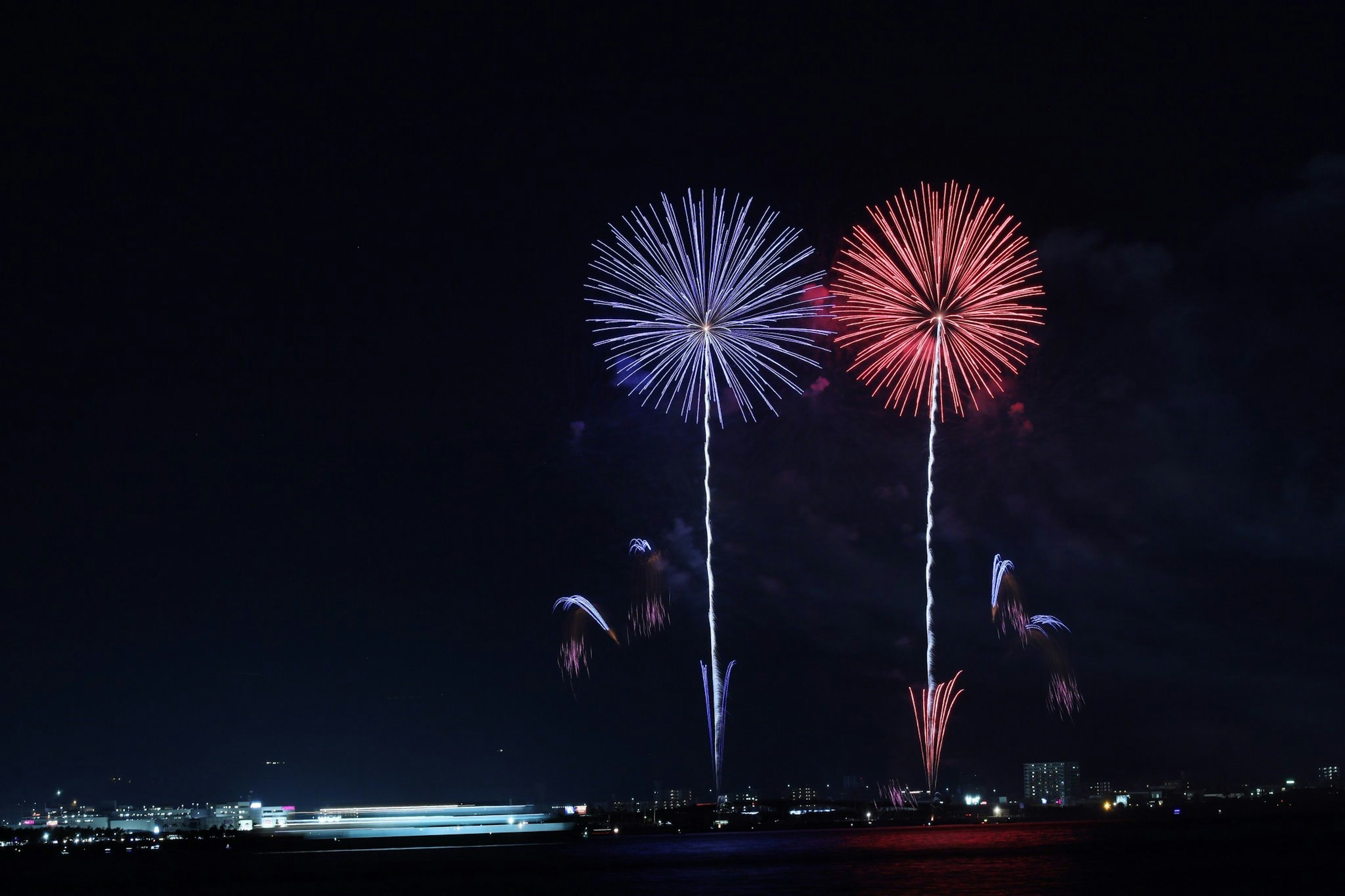 夜空に咲く青と赤の花火が2つ上がる美しい光景