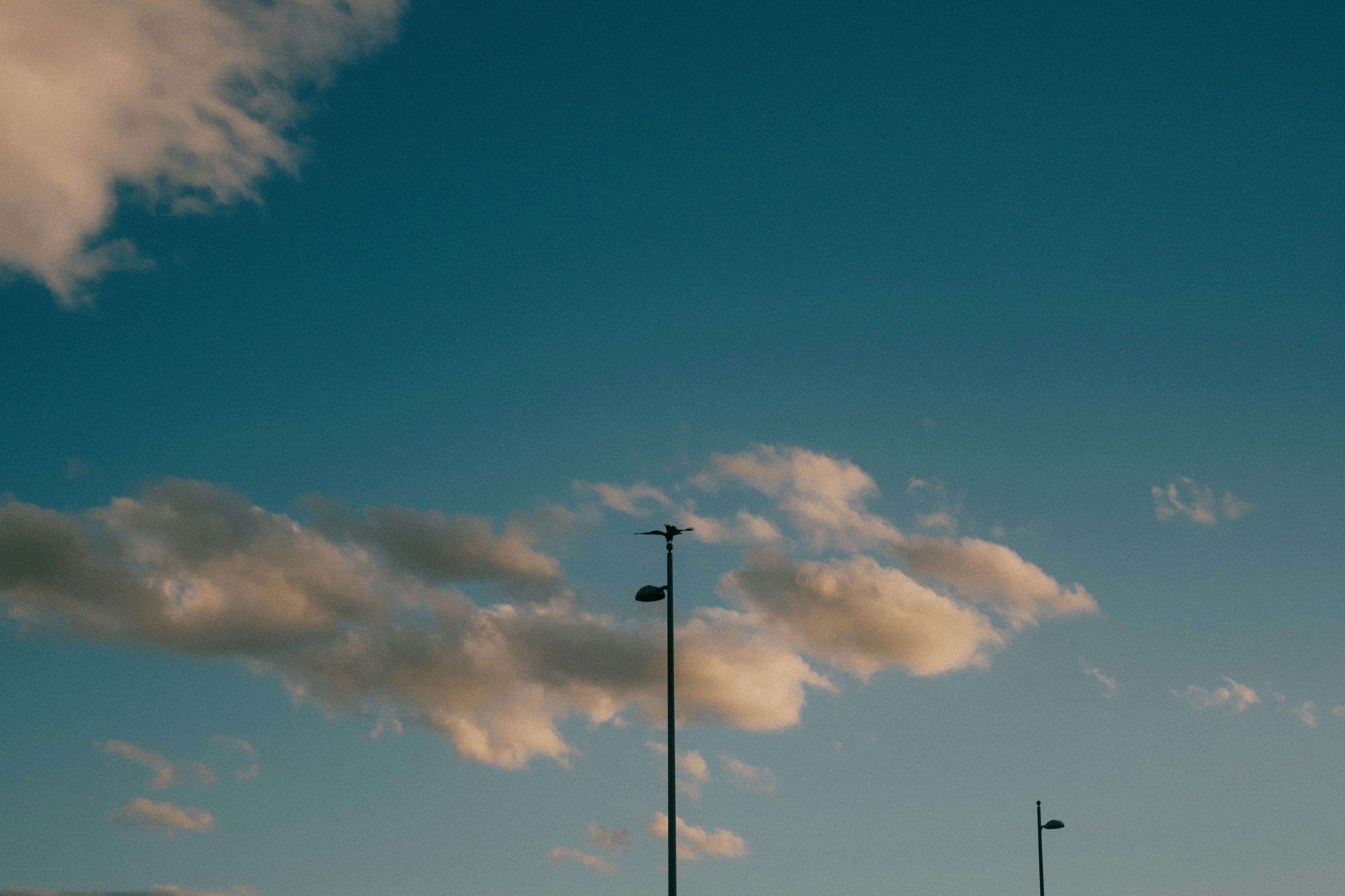 A clear blue sky with white clouds and streetlights