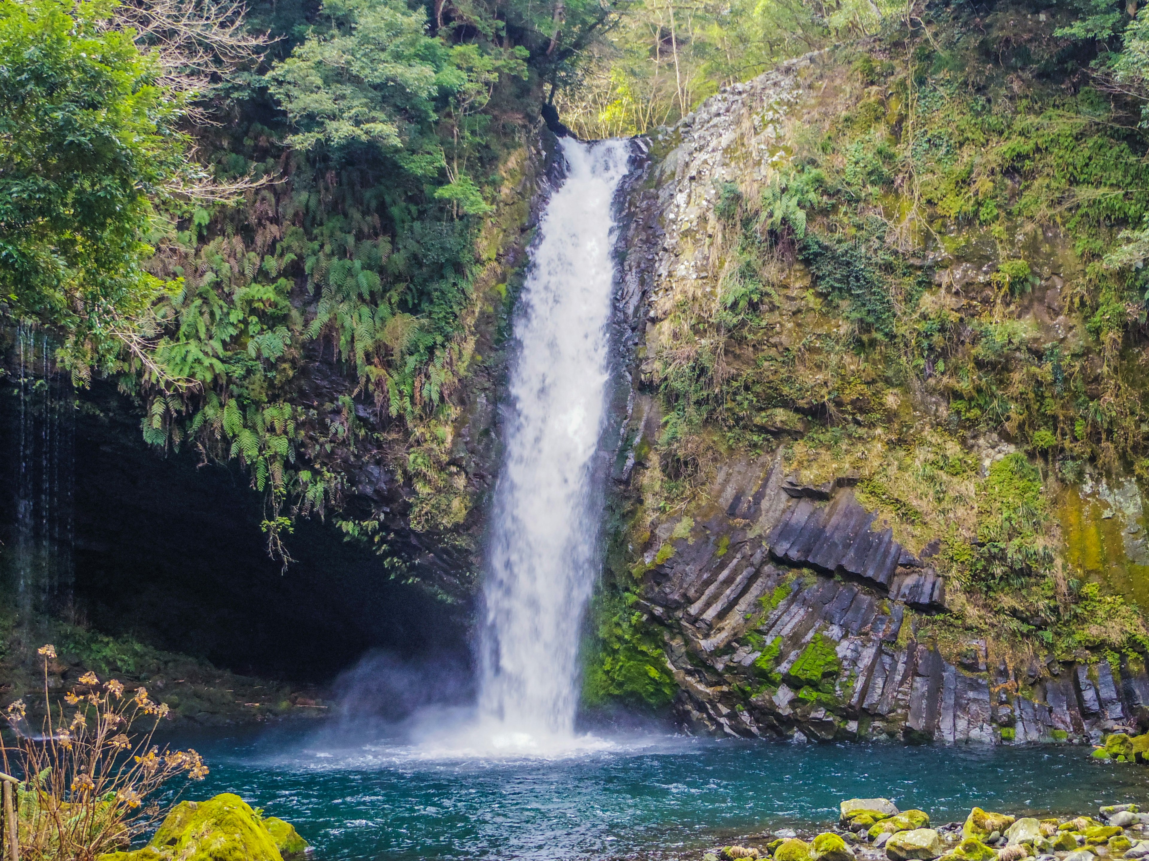 A beautiful waterfall surrounded by lush greenery