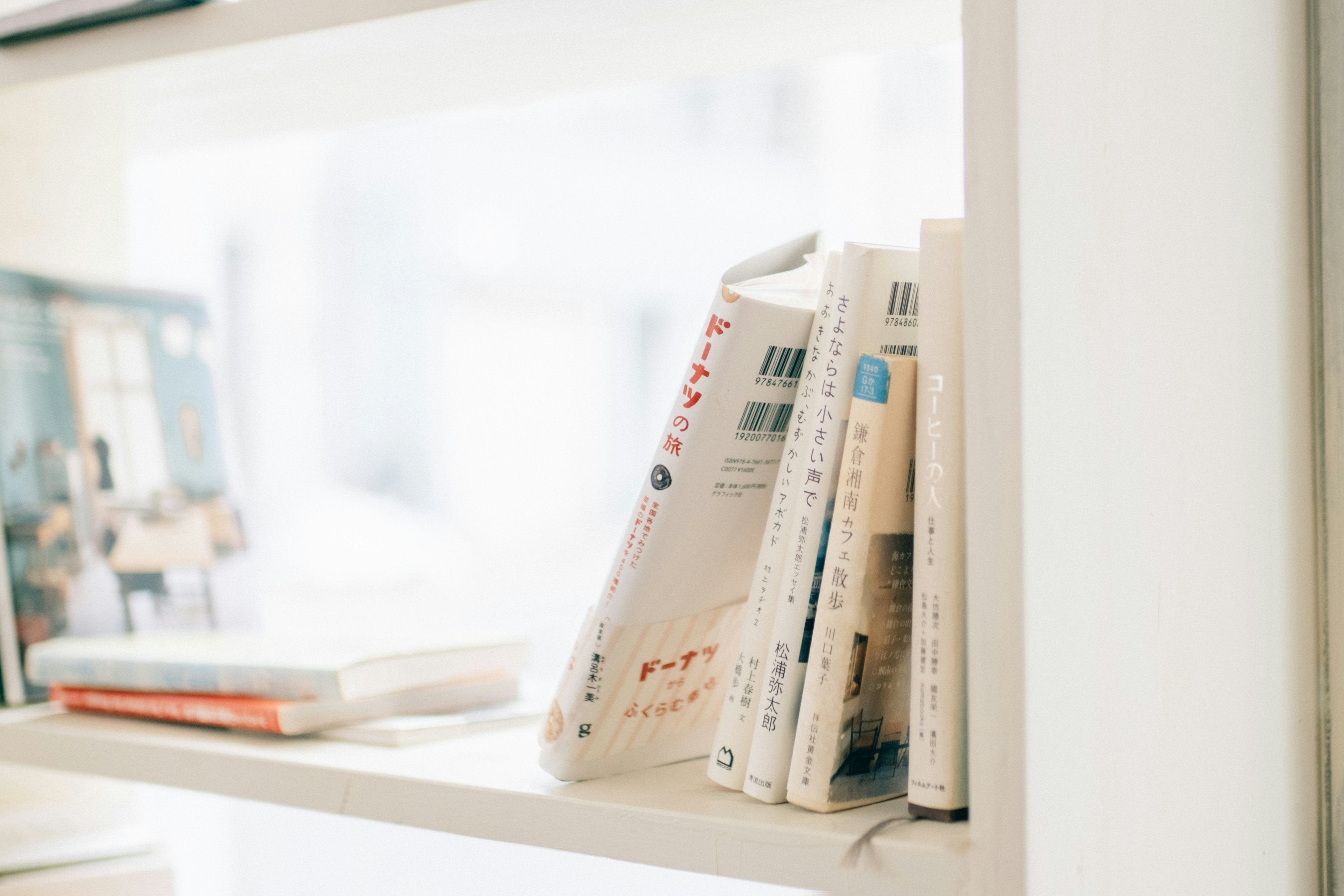 Primo piano di una collezione di libri su uno scaffale bianco