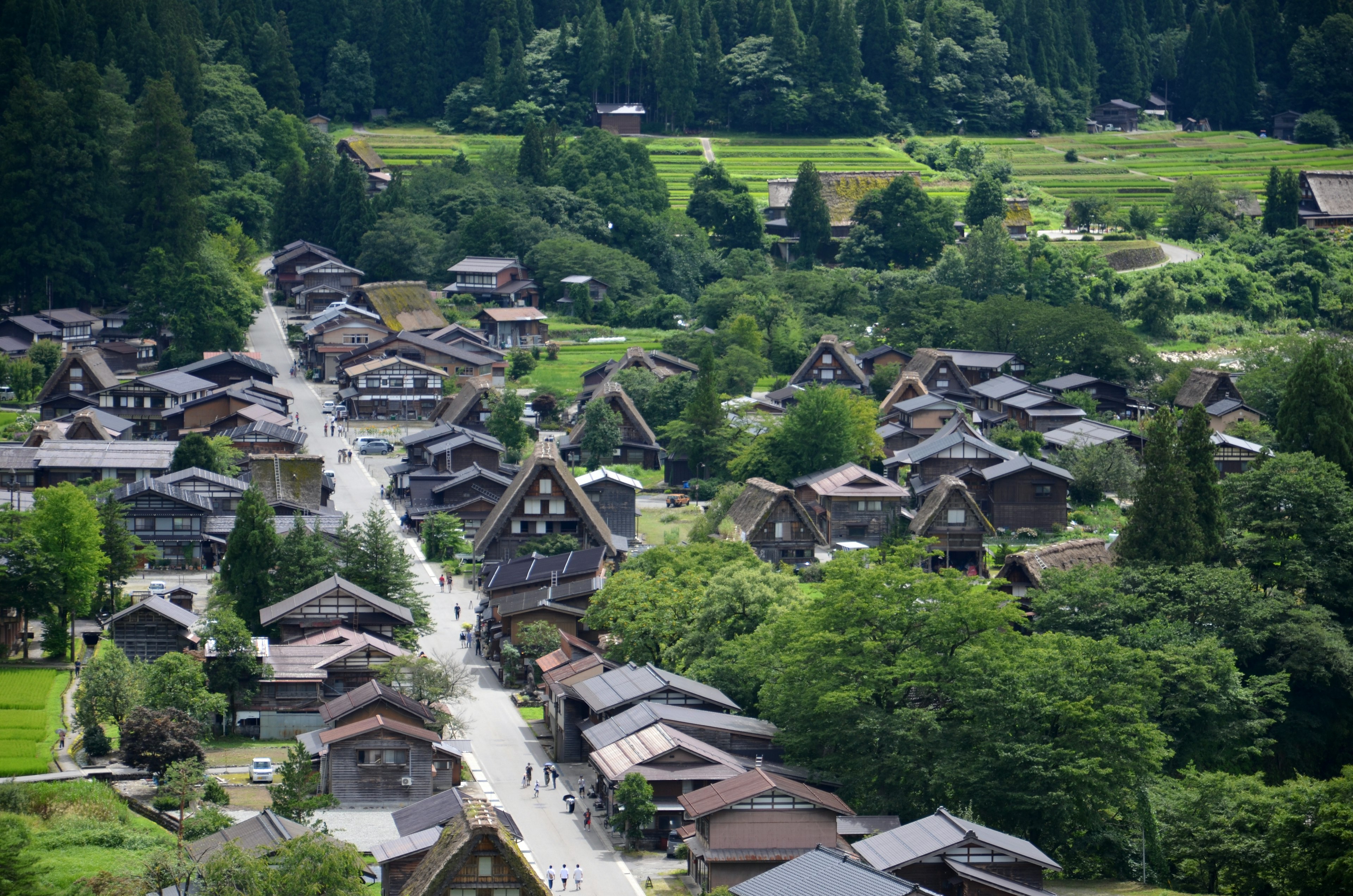 山に囲まれた伝統的な合掌造りの村の全景