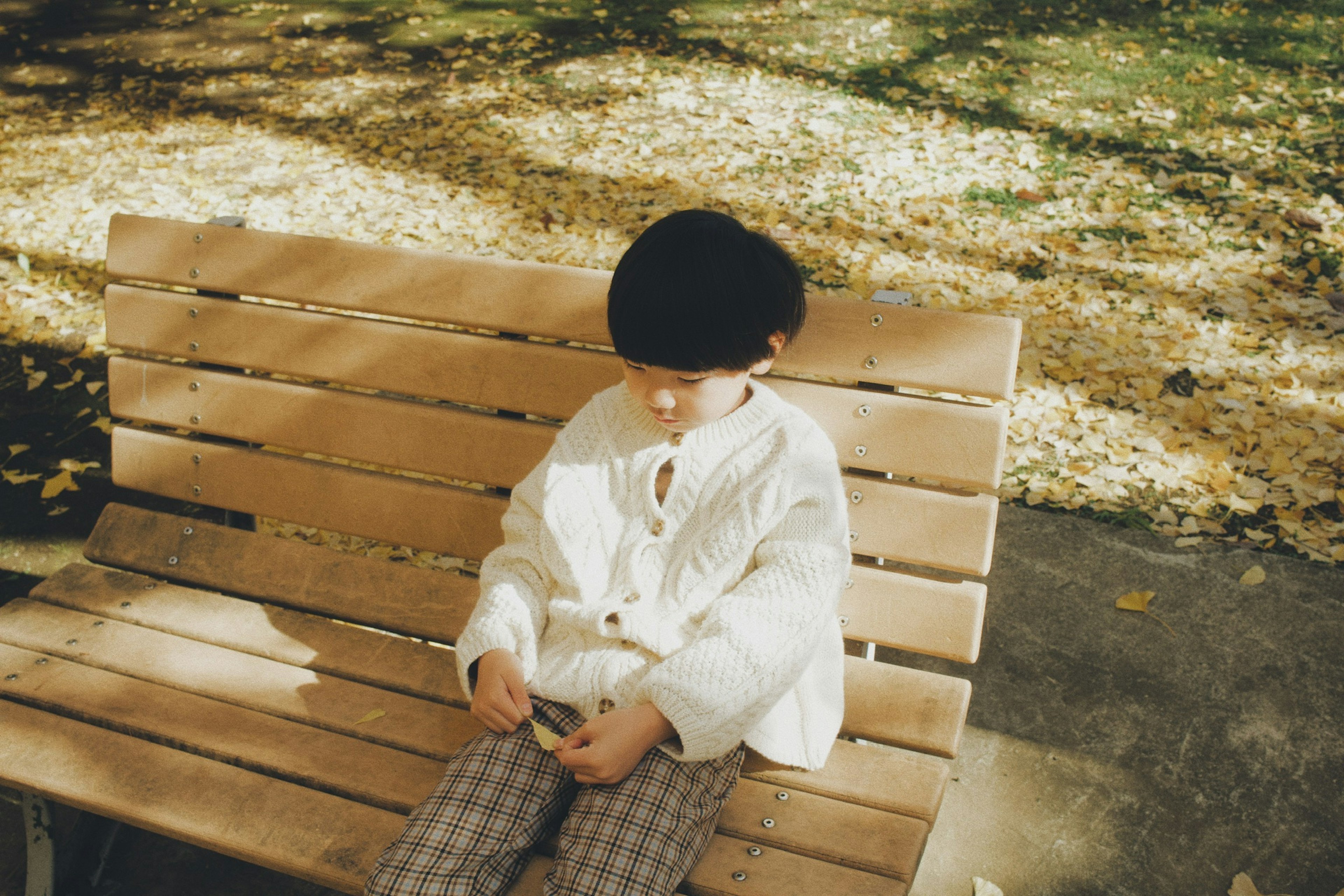 Enfant assis sur un banc de parc portant un pull blanc et un chapeau noir entouré de feuilles mortes