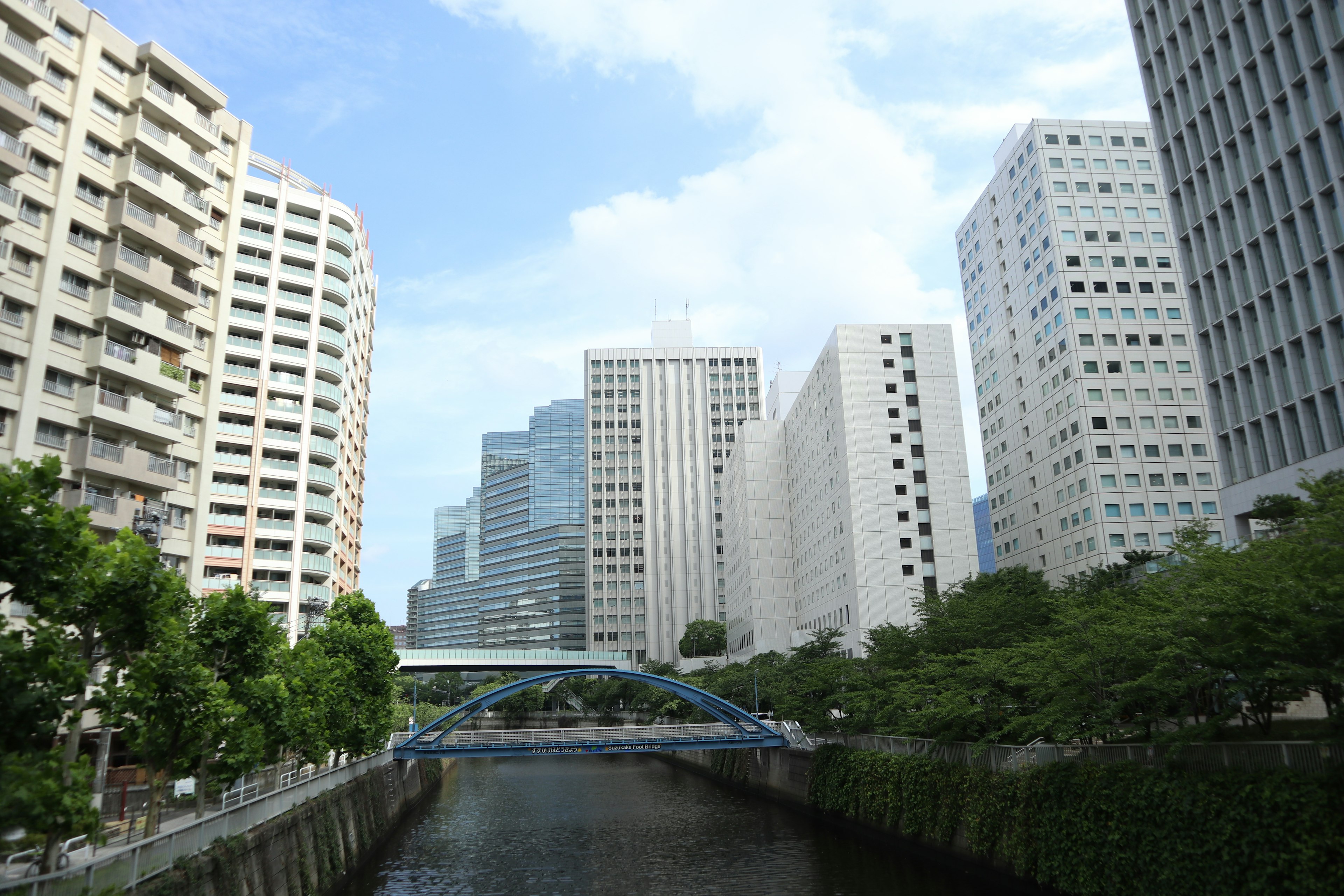 Vista de un río flanqueado por edificios altos y un puente azul