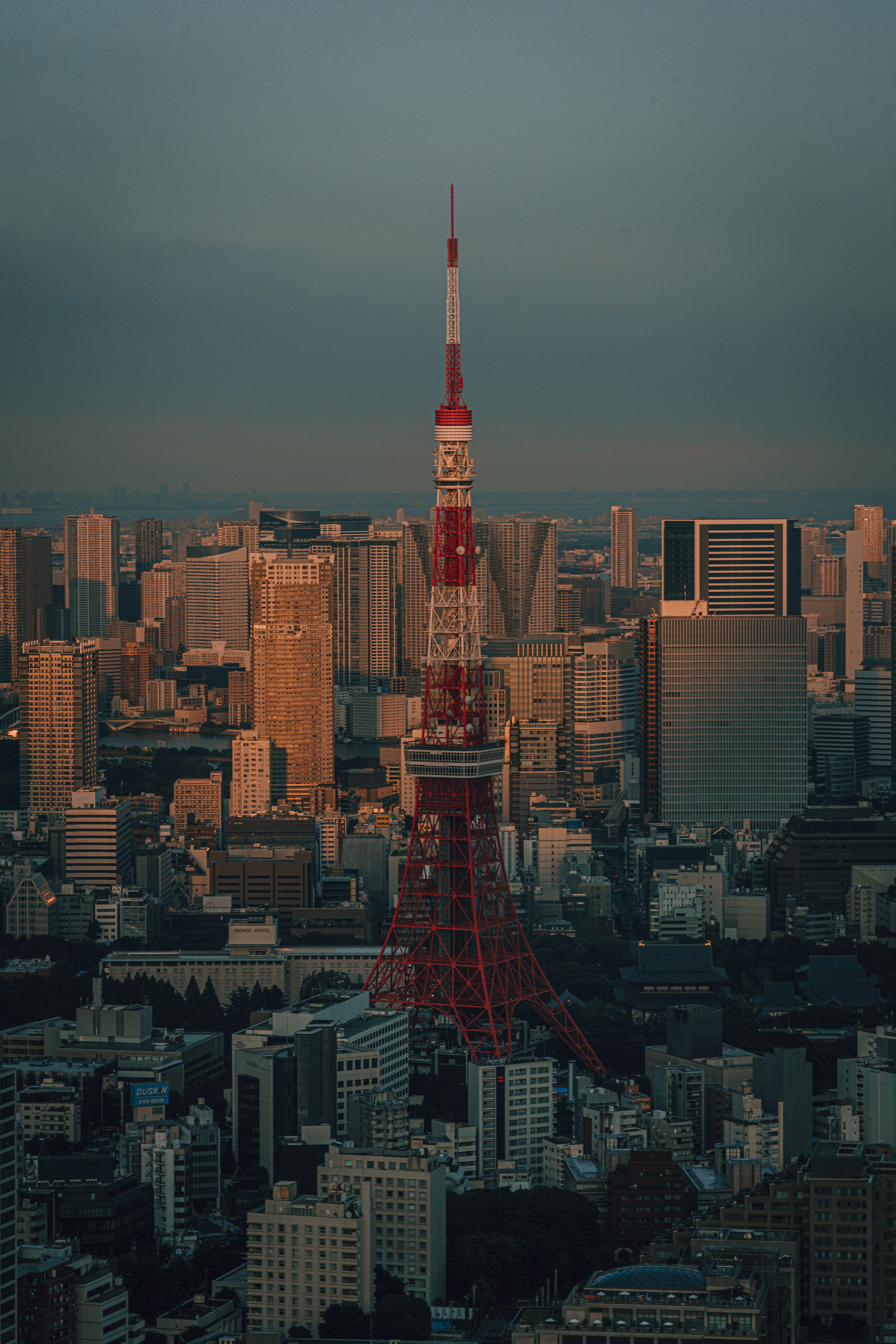 東京タワーが夕暮れの都市景観の中にそびえ立つ