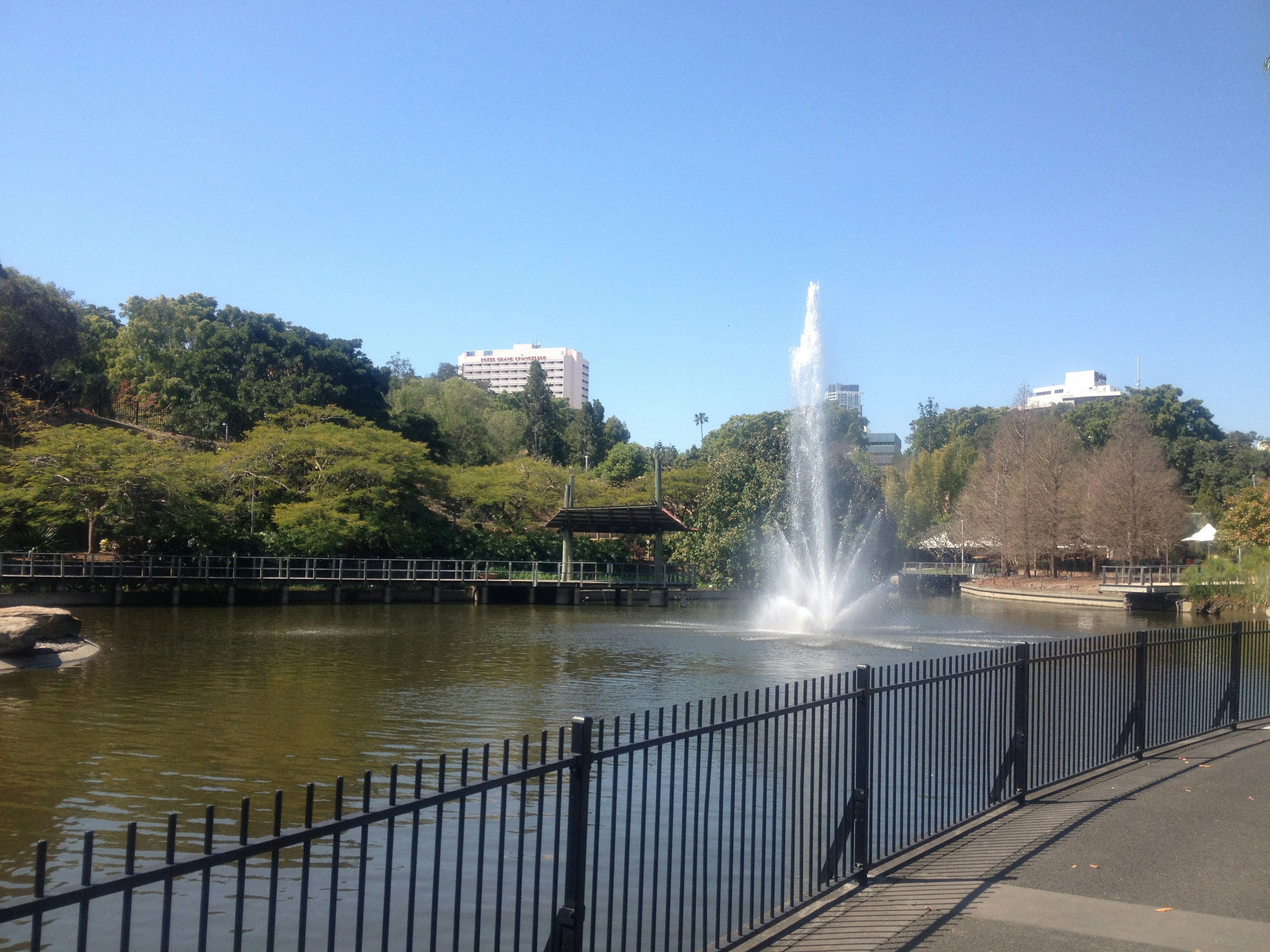 公園湖泊中噴泉的景色，四周環繞著綠樹