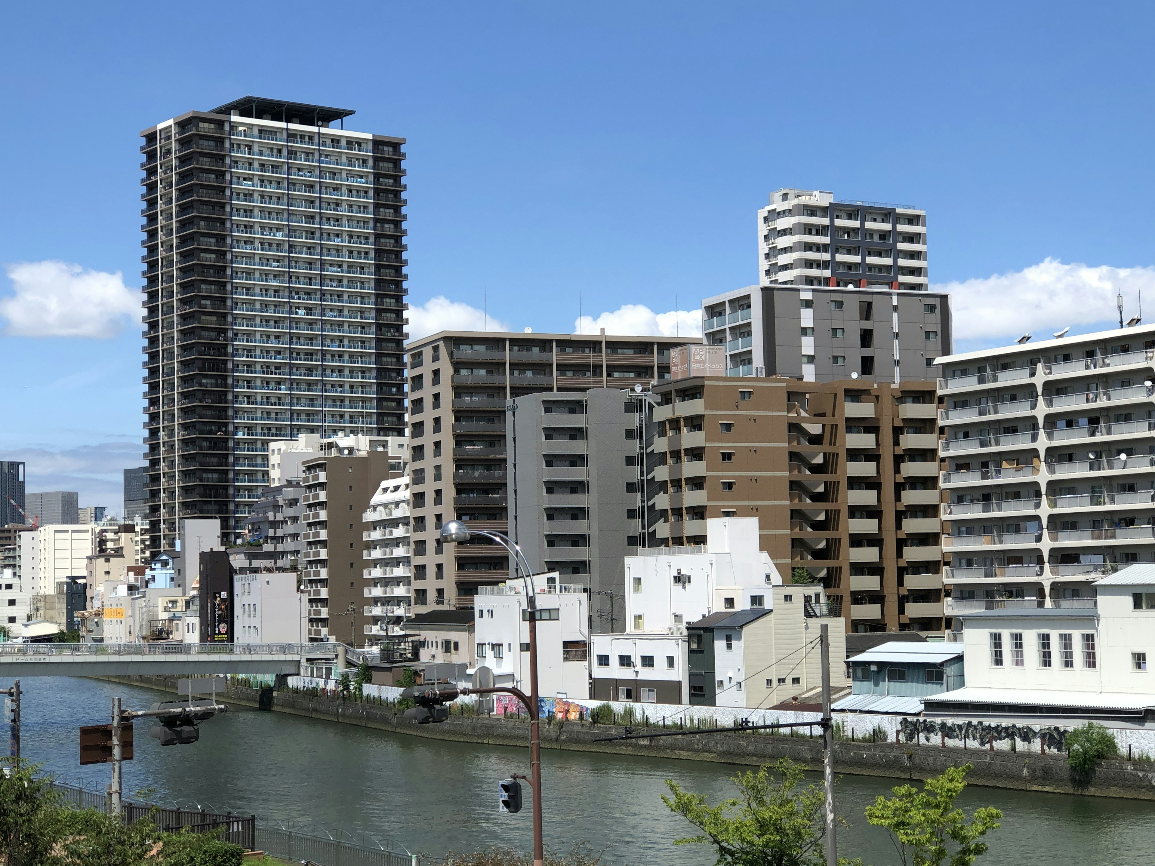 城市景观，高层和中层建筑沿着流动的河流在蓝天之下