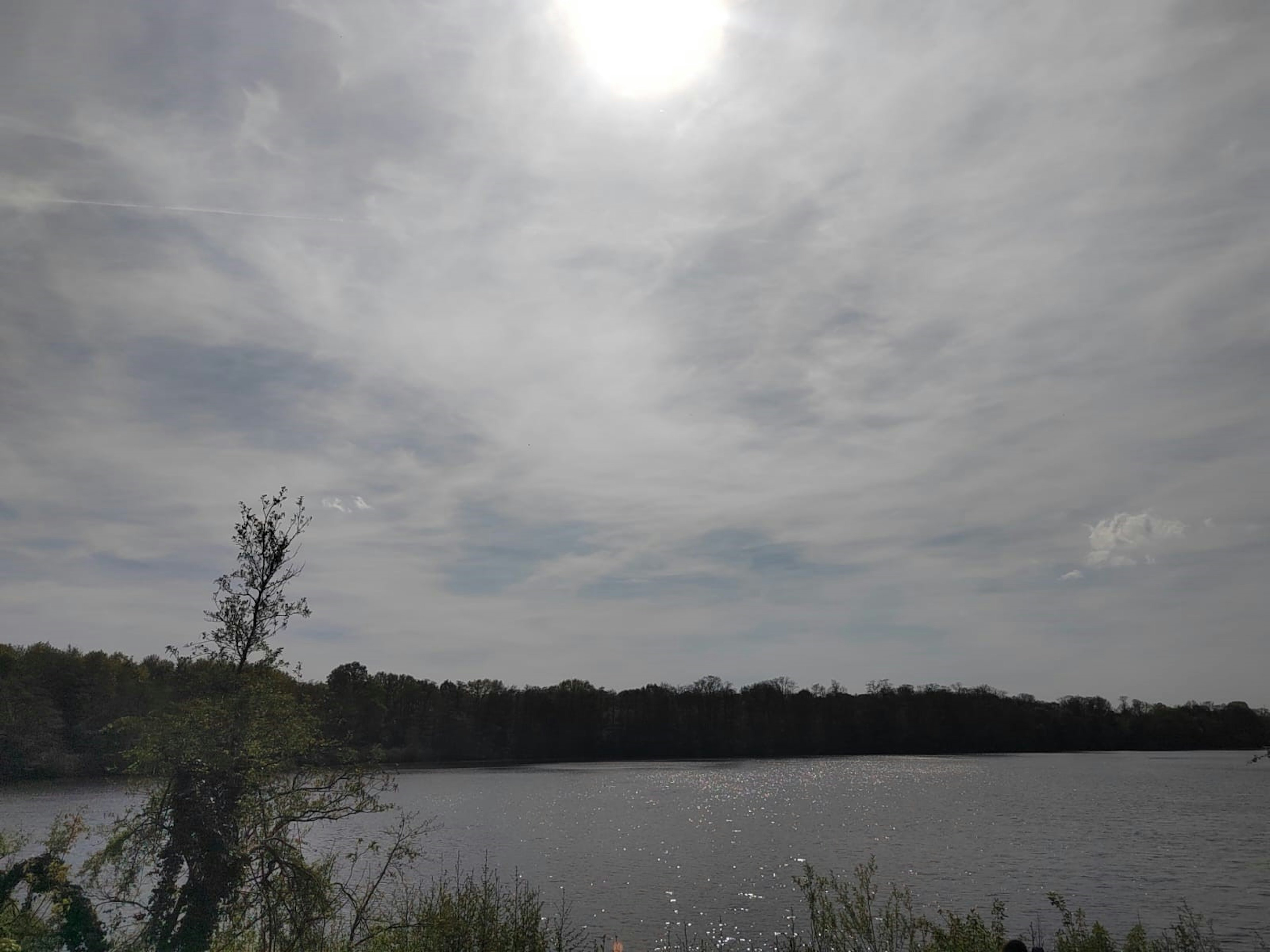 静かな湖と曇り空の風景