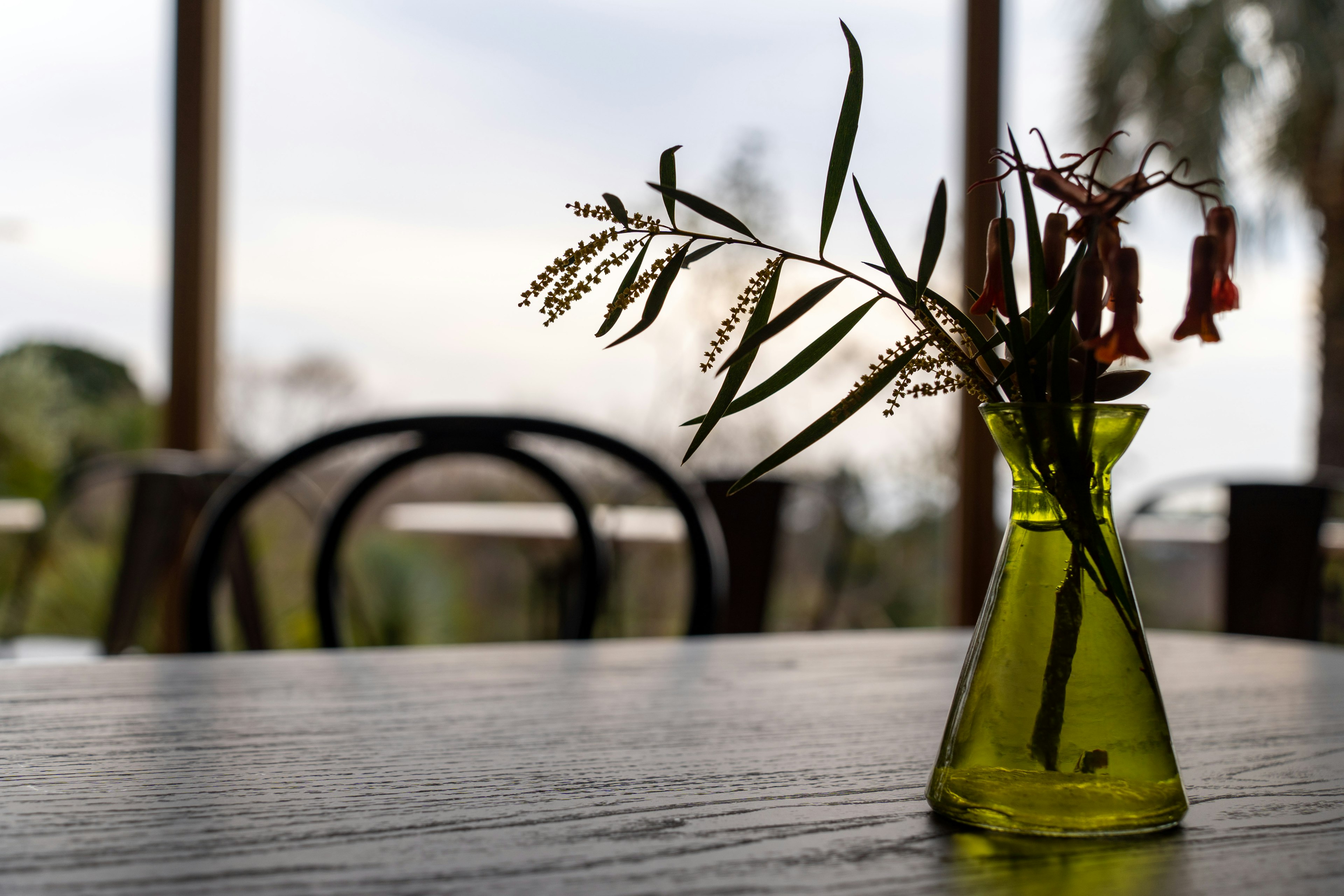 Un vase vert avec des plantes disposées sur une table en bois