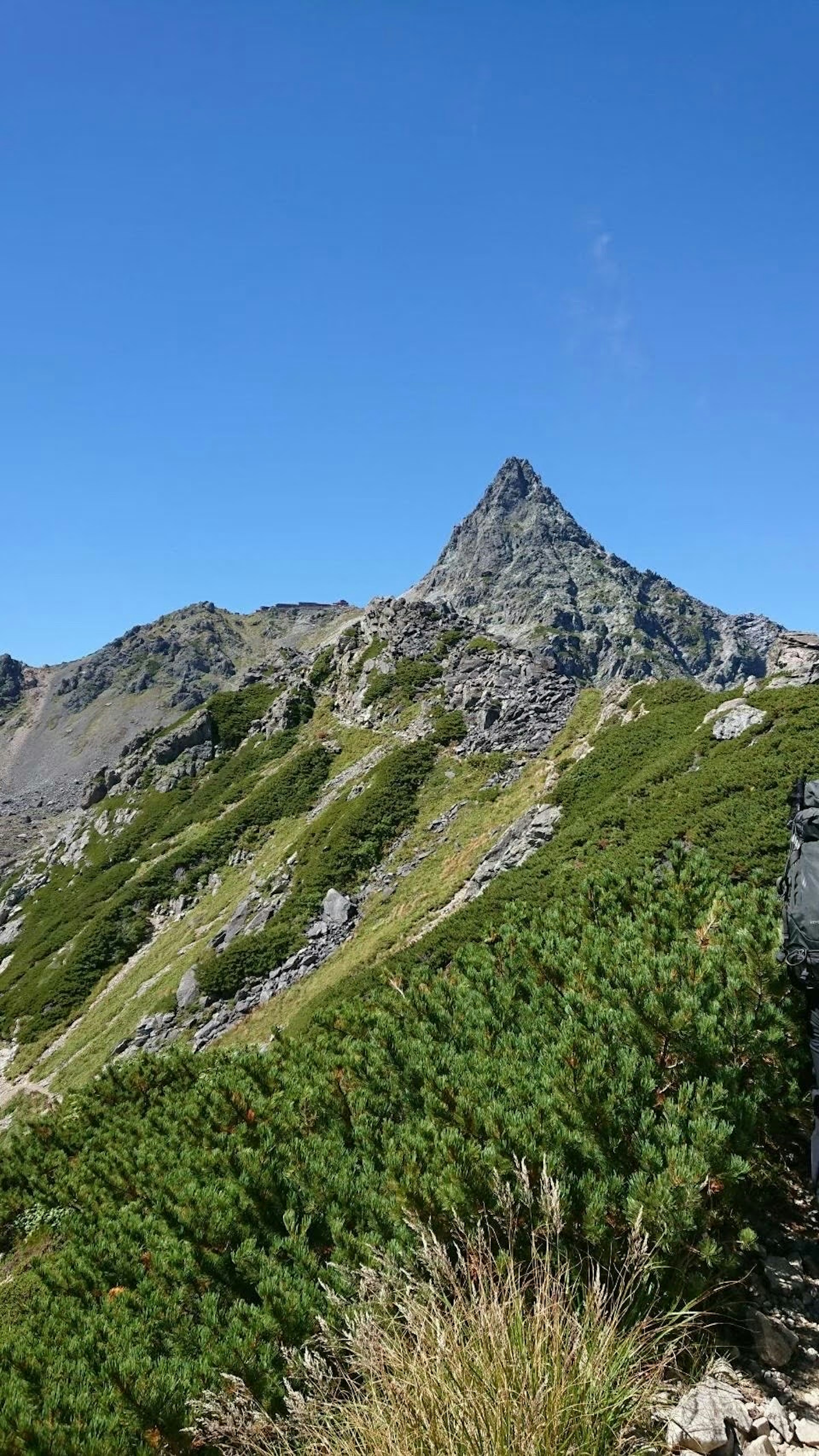 青い空の下にそびえる尖った山と緑の草原