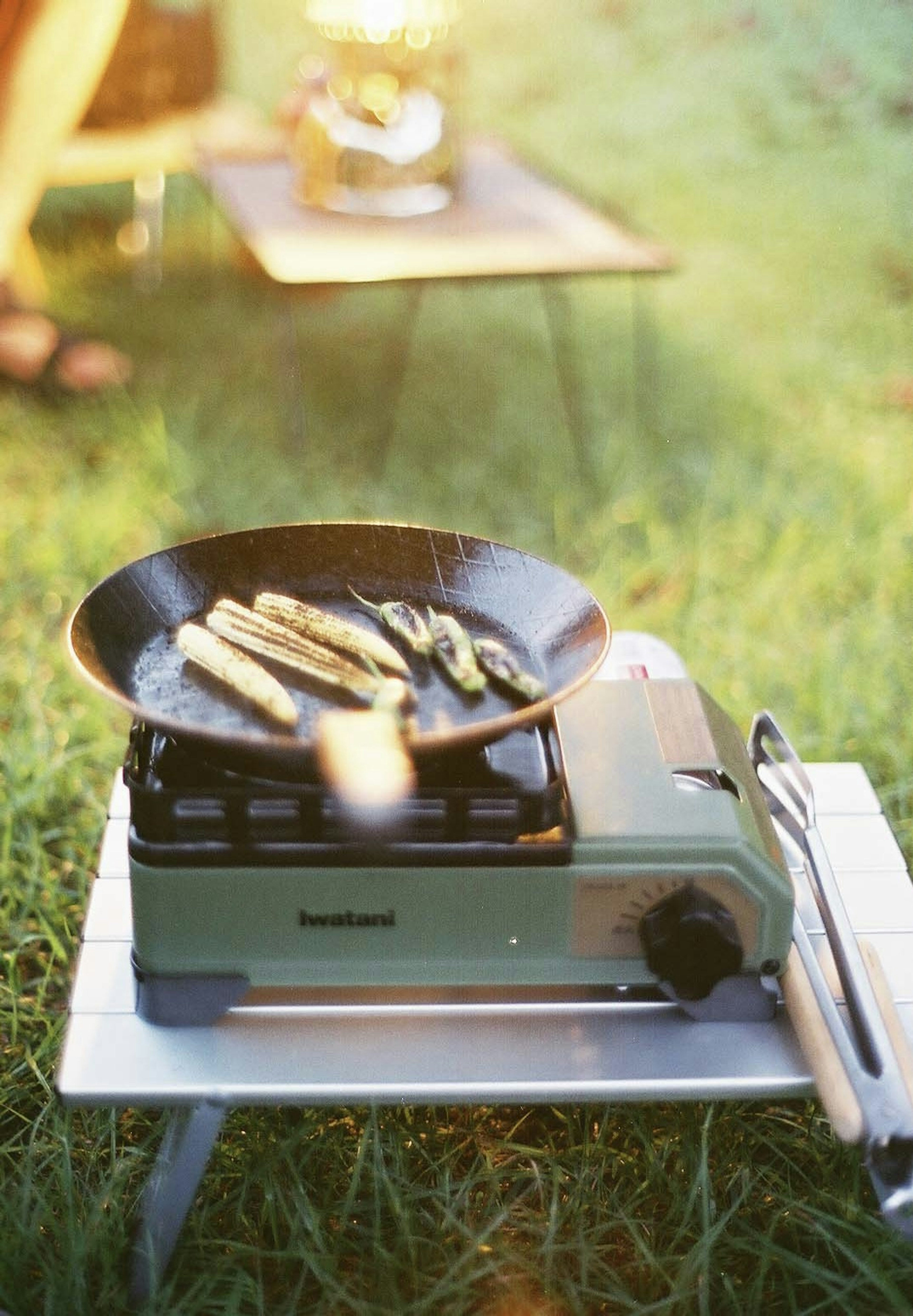 Espárragos cocinándose en una estufa de camping sobre hierba verde