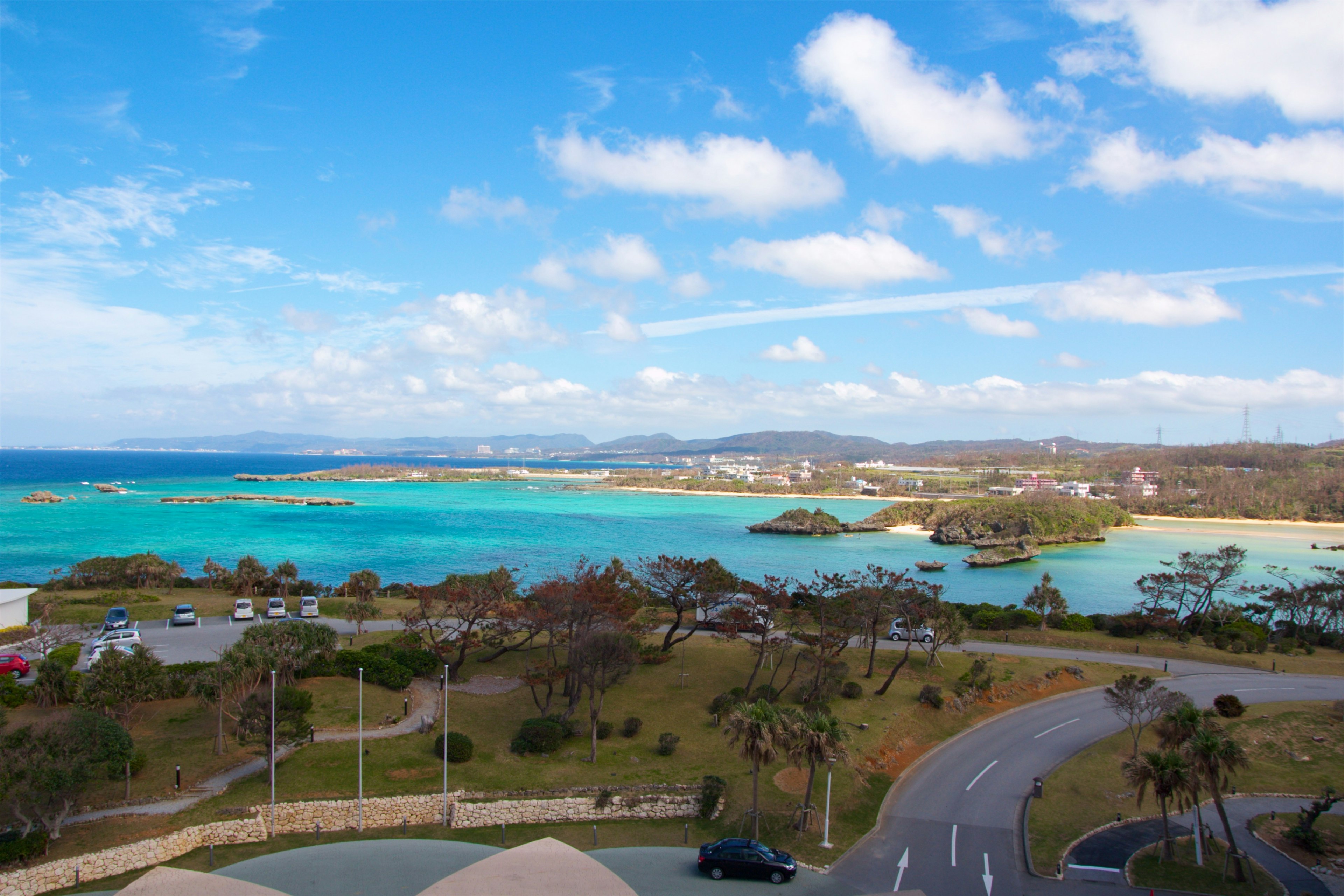 蓝色海洋和天空的美景，绿树成荫的山丘和蜿蜒的道路