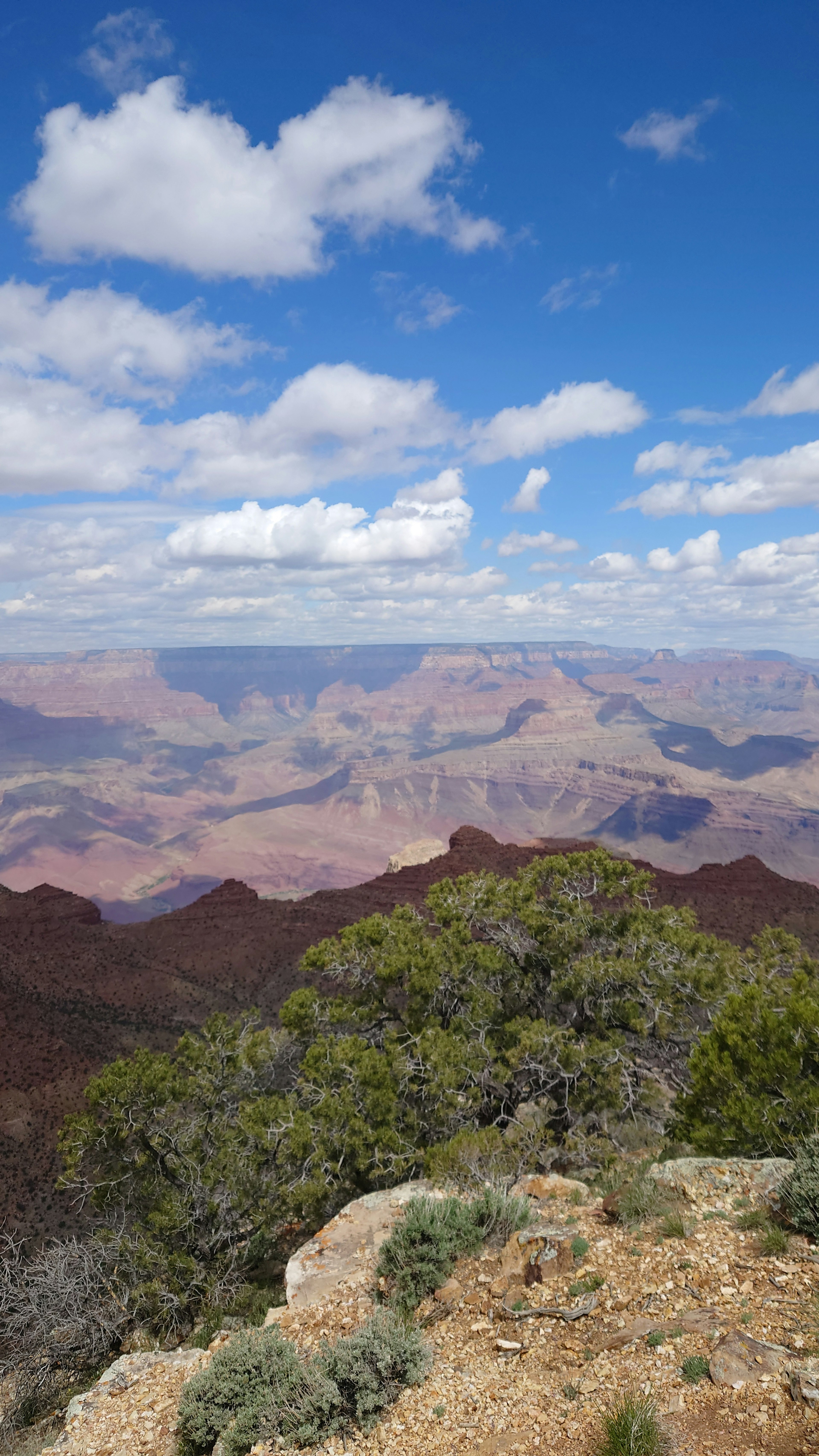 Pemandangan menakjubkan dari Grand Canyon dengan langit biru dan awan di atas pegunungan berbatu