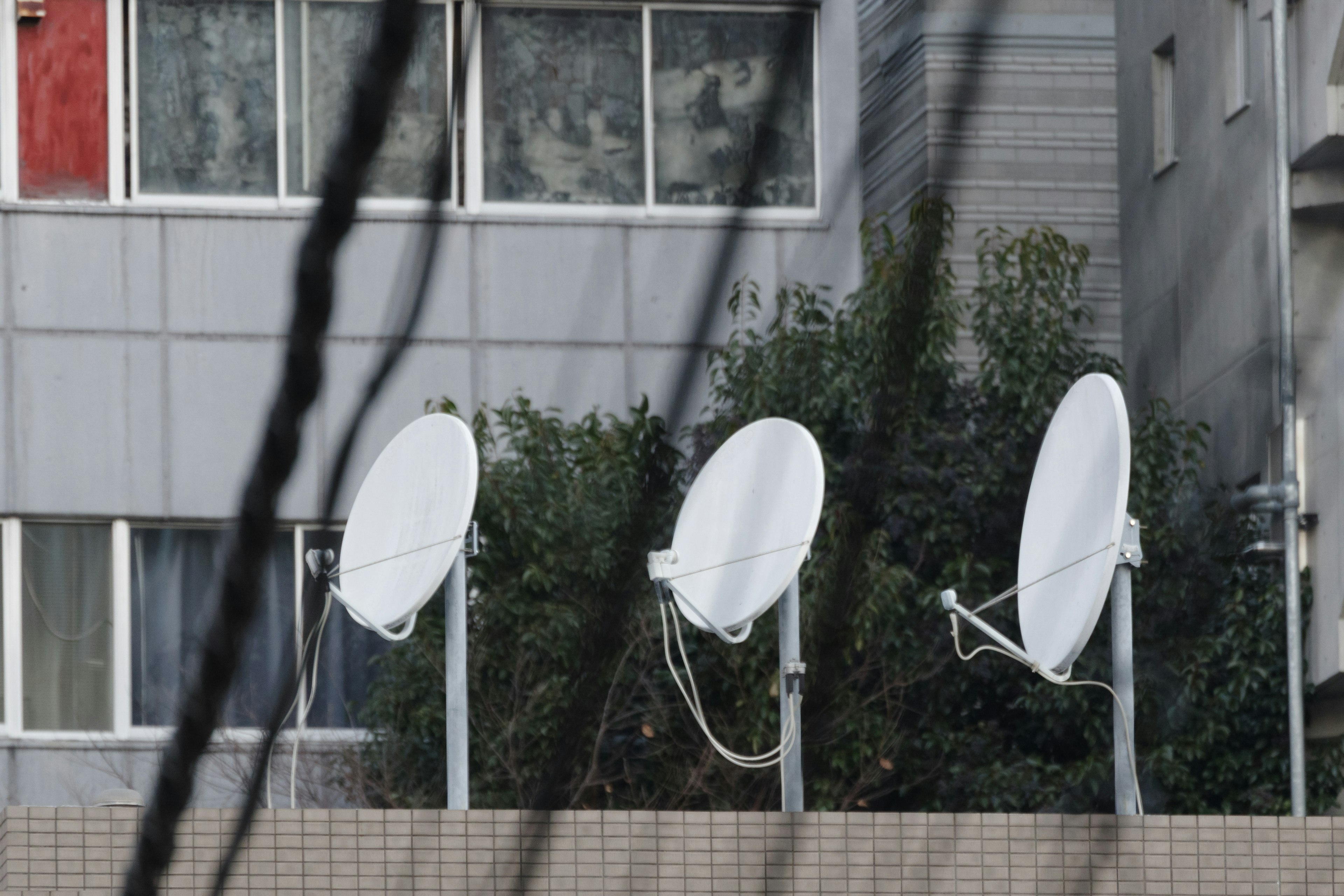 Three white satellite dishes mounted on a building with greenery in the background