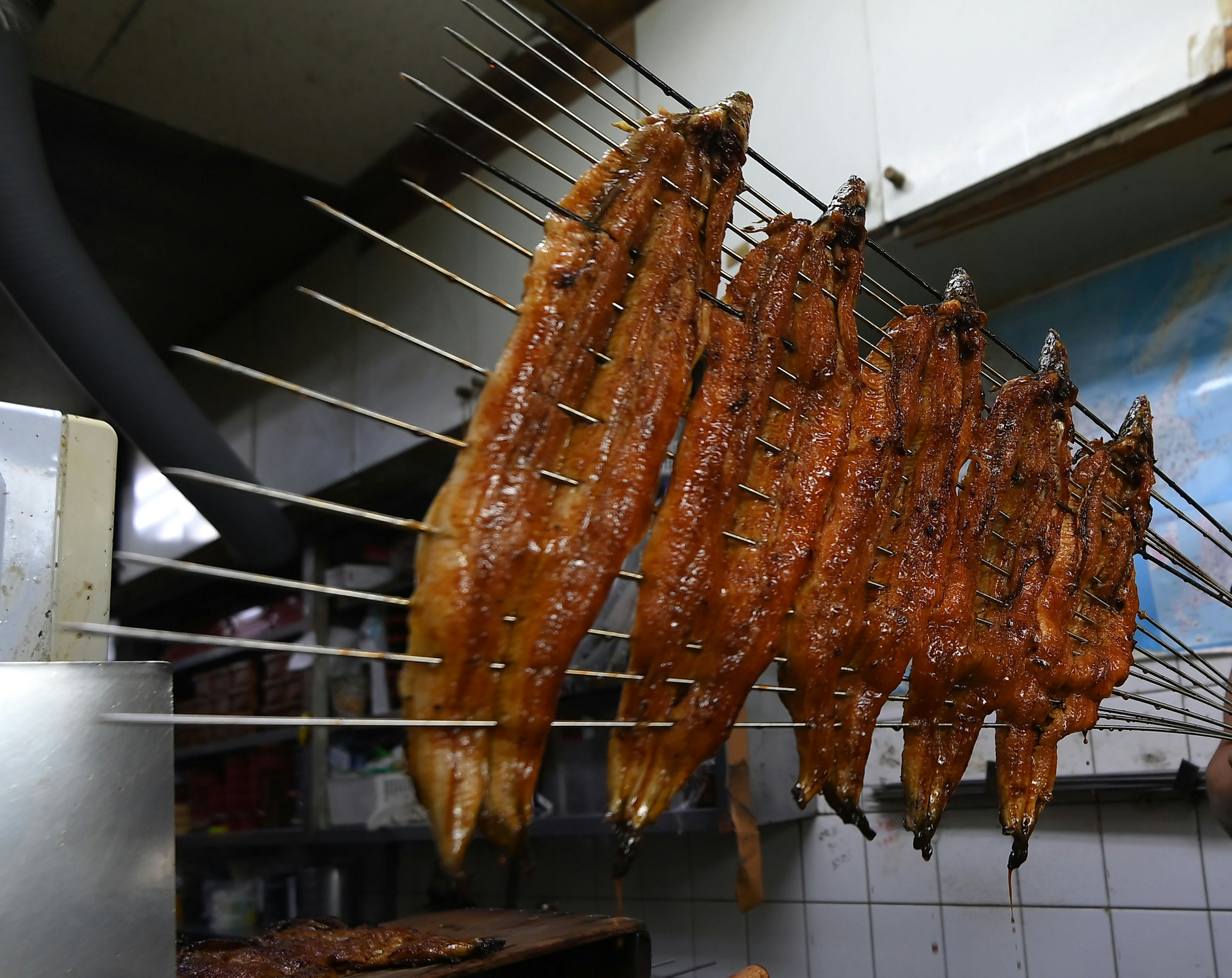 焼き魚が串に刺さって並んでいる屋台の風景