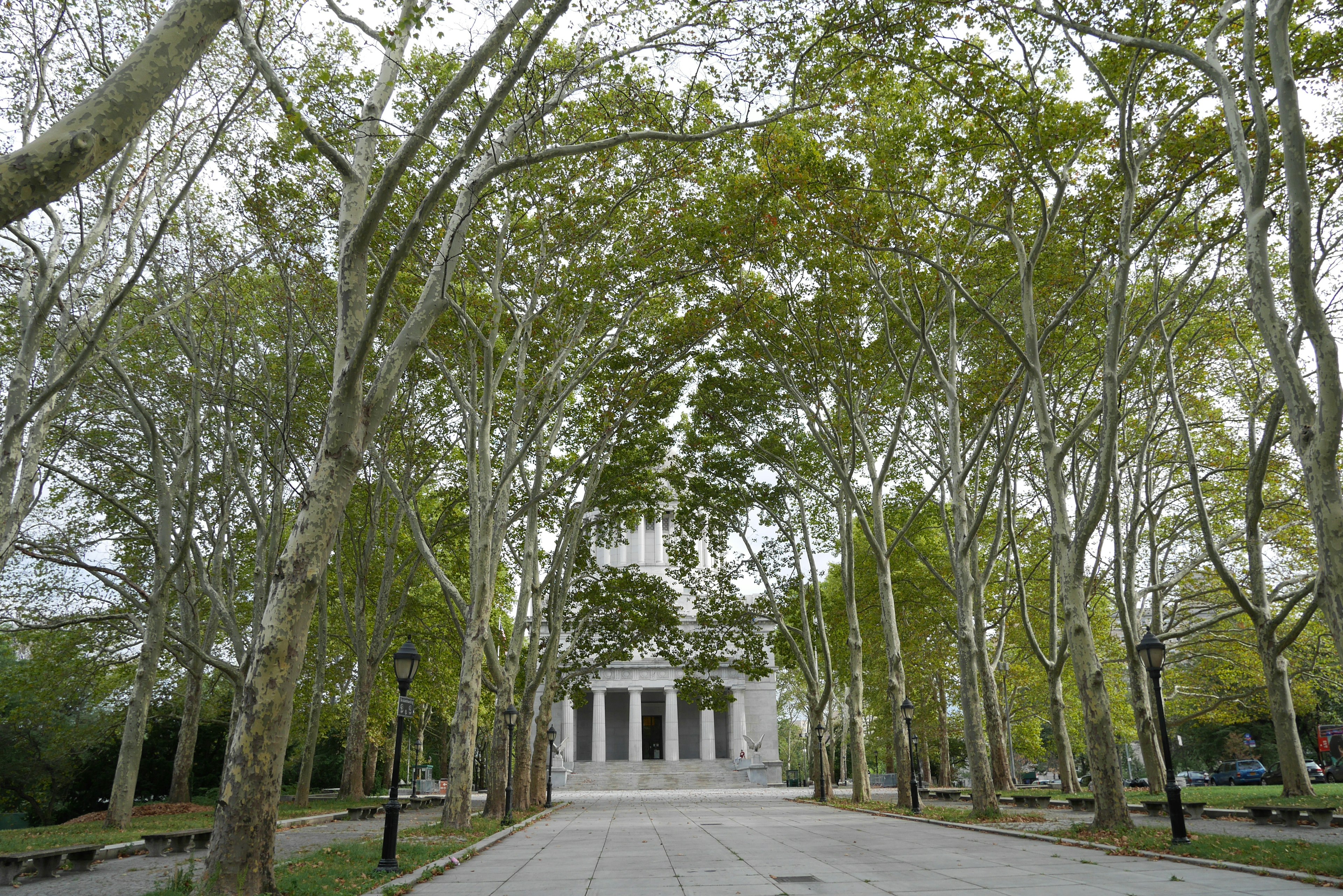 View of a building framed by green trees in a park pathway