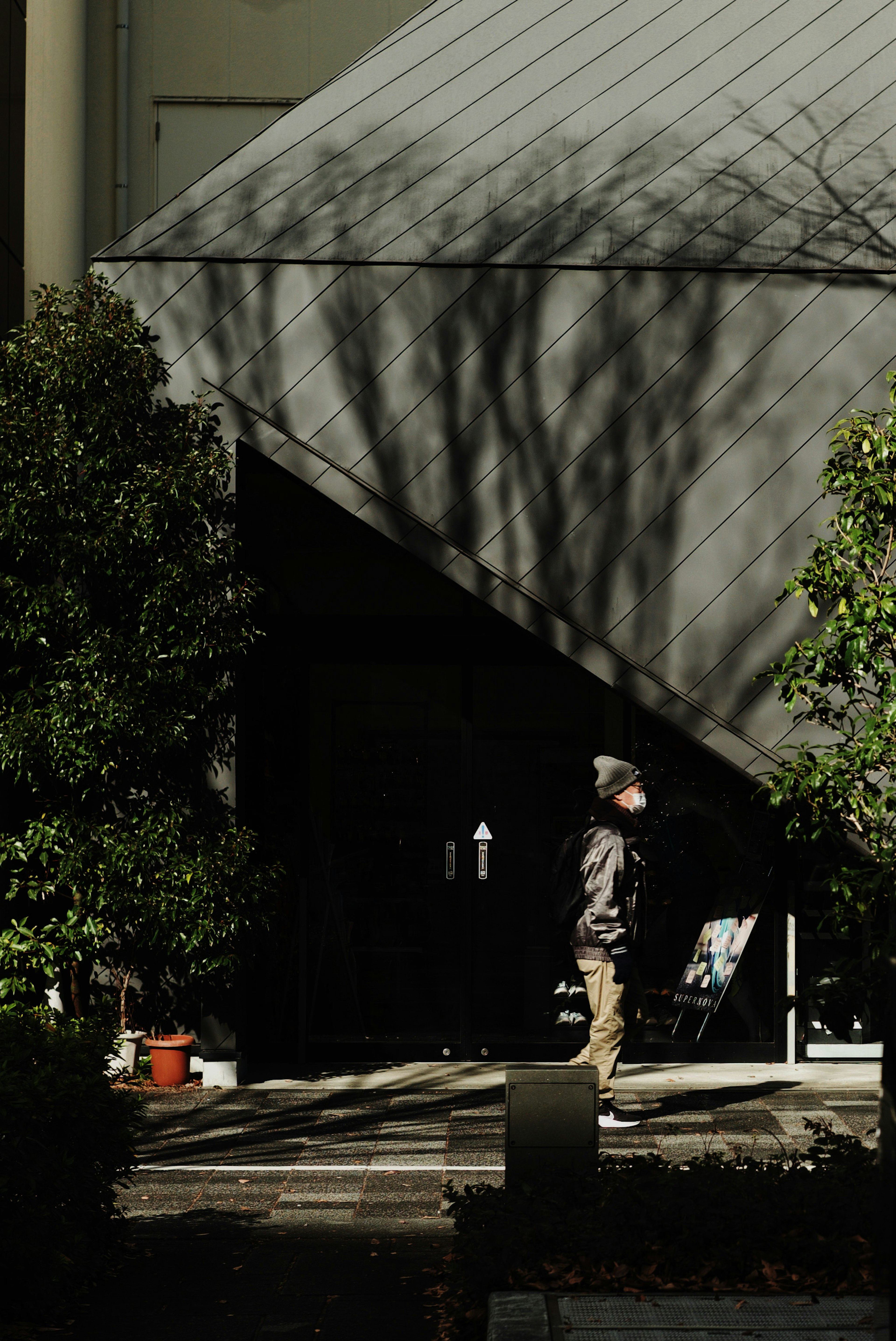 Une personne se tenant devant un bâtiment avec des ombres et des plantes vertes