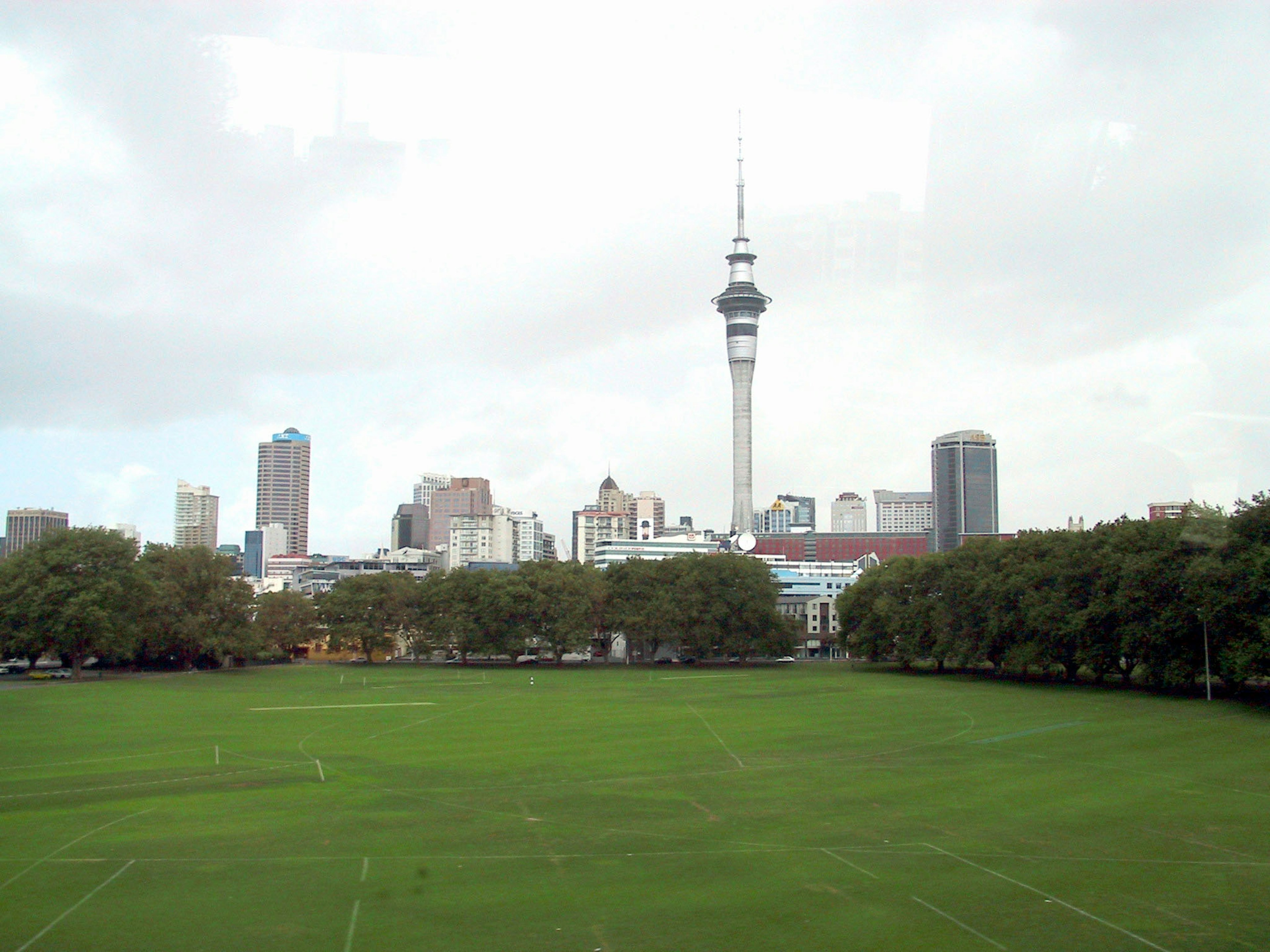 Pemandangan kota Auckland dengan Sky Tower dan taman hijau