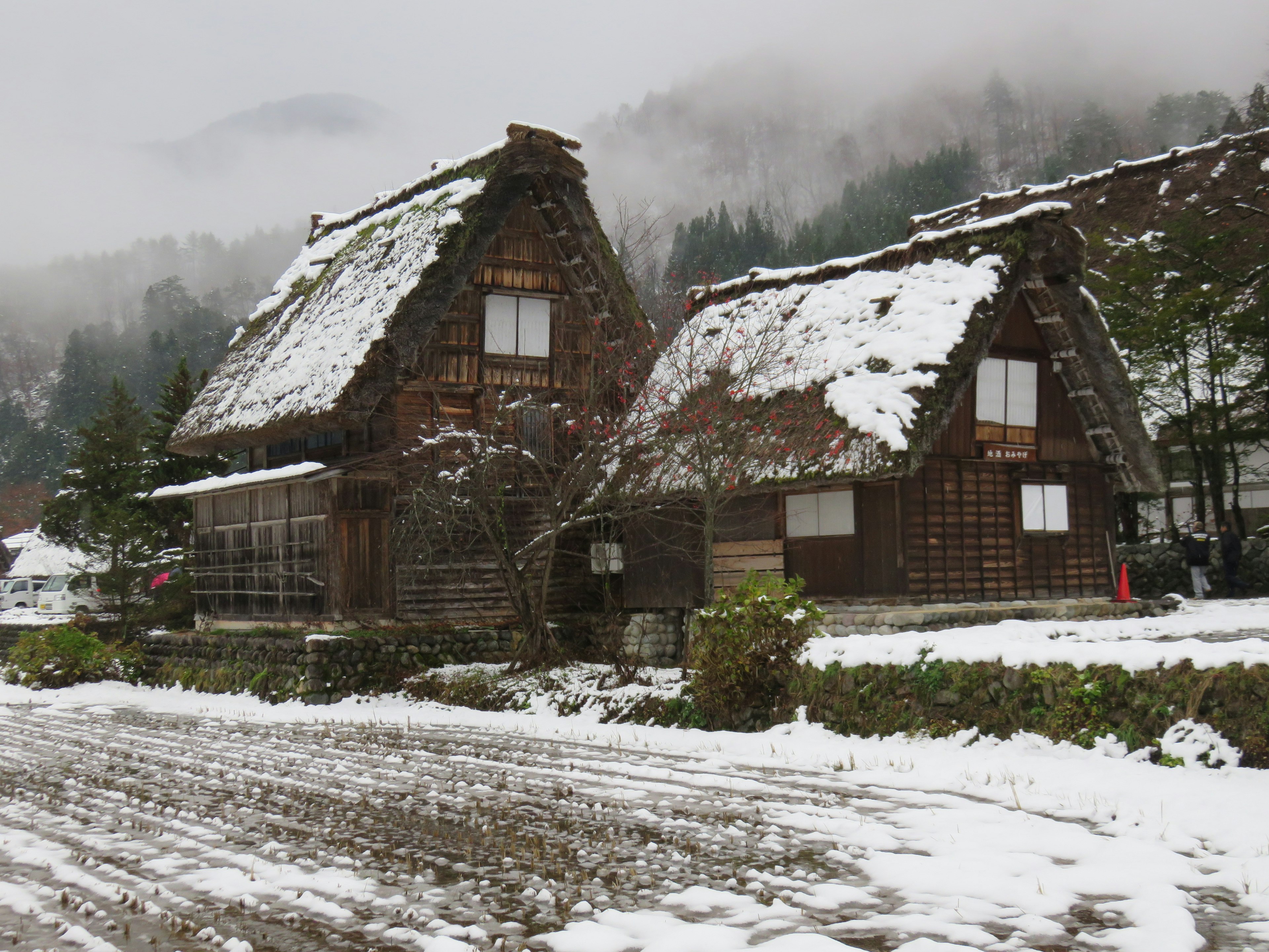 Snow-covered gassho-zukuri houses with surrounding landscape