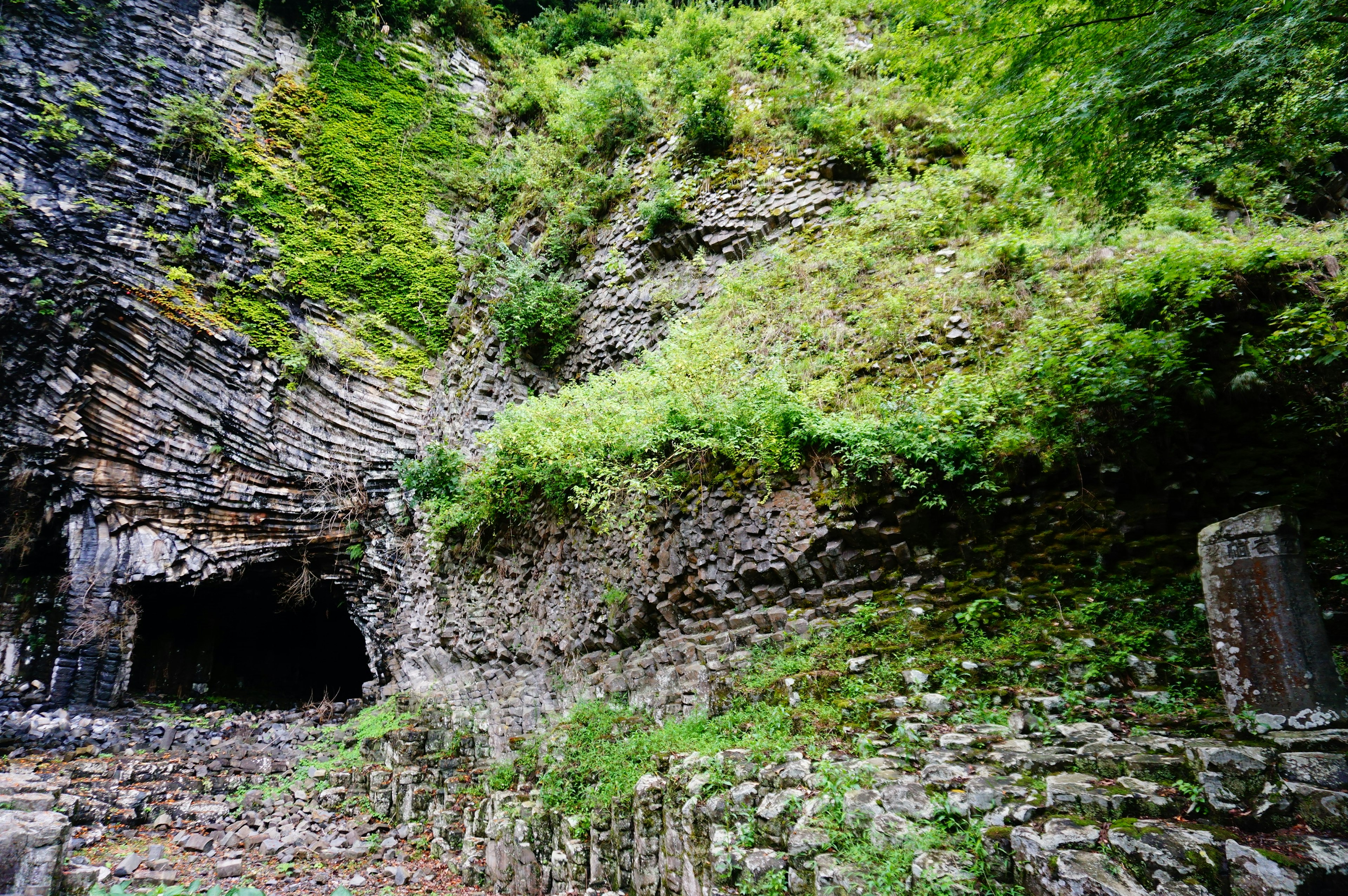 Un paysage avec une falaise couverte de mousse et des structures en pierre