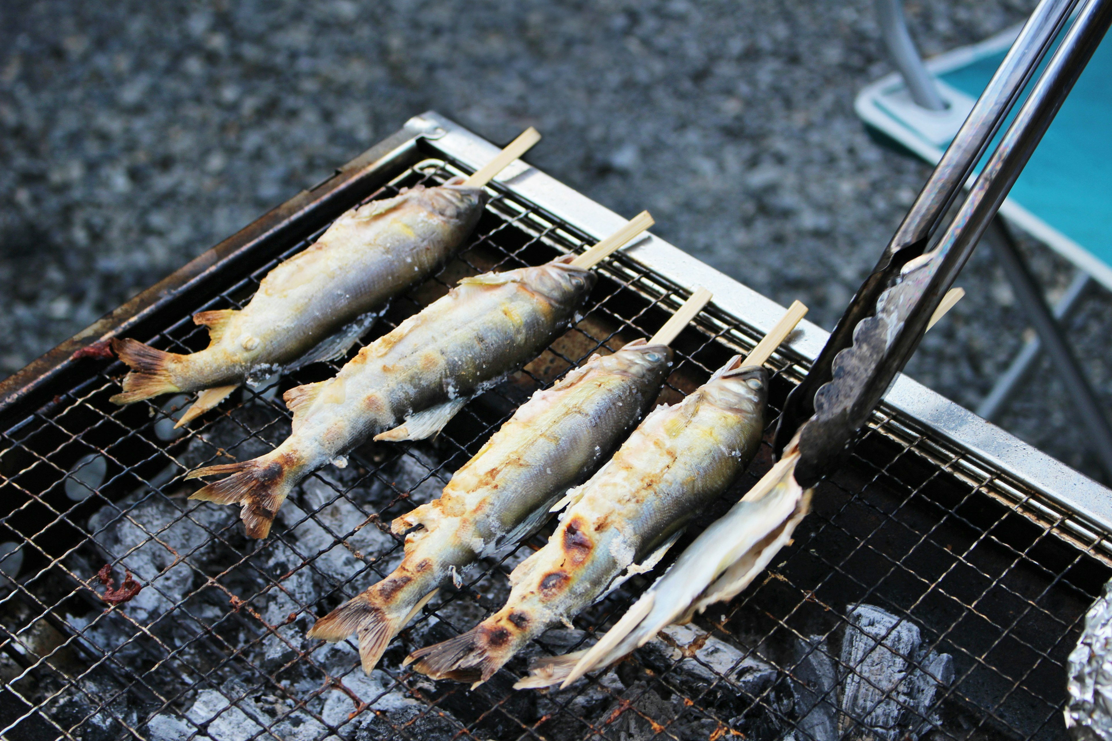 바베큐 그릴에 놓인 구운 생선