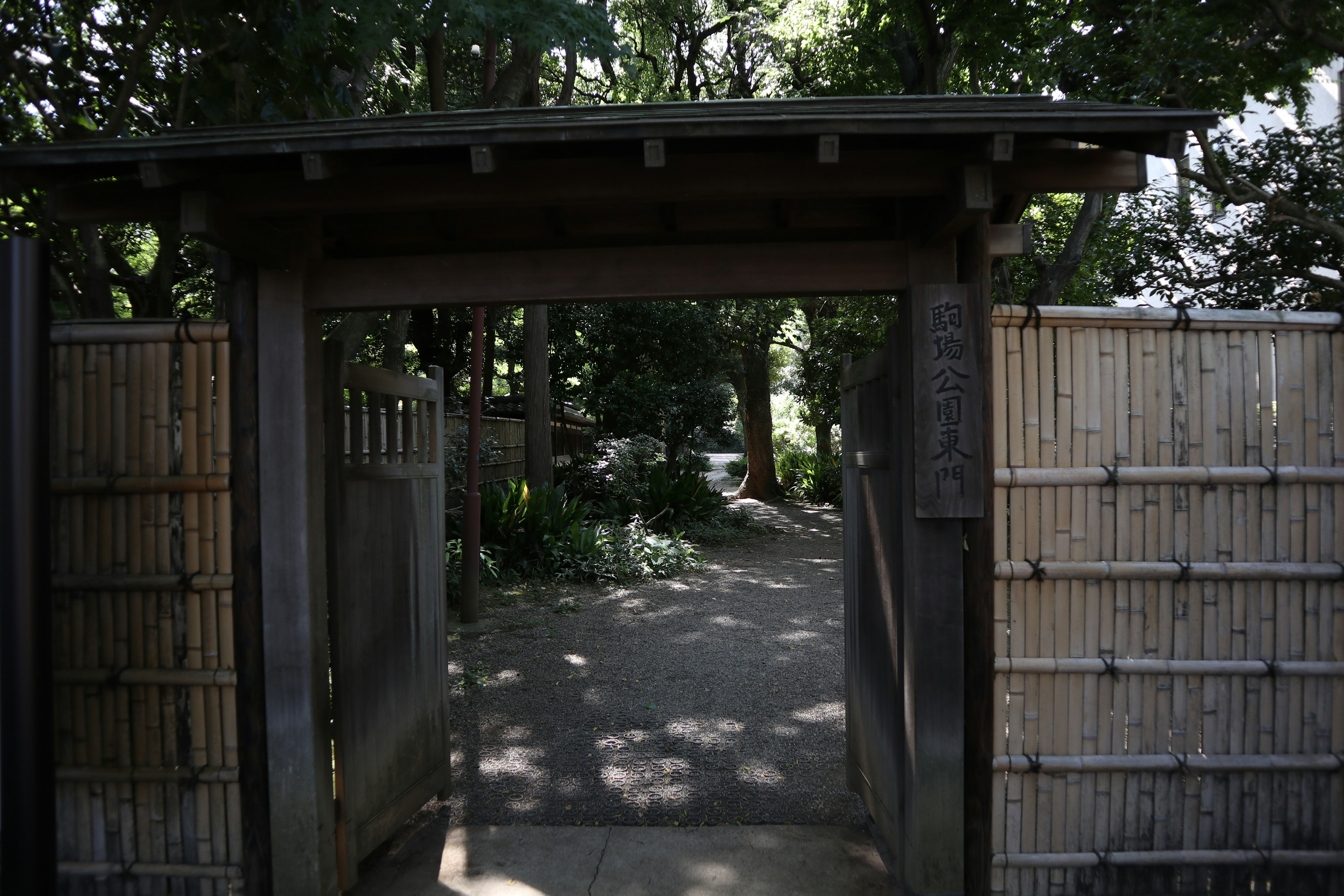 Wooden gate leading to a lush green pathway and bamboo fence