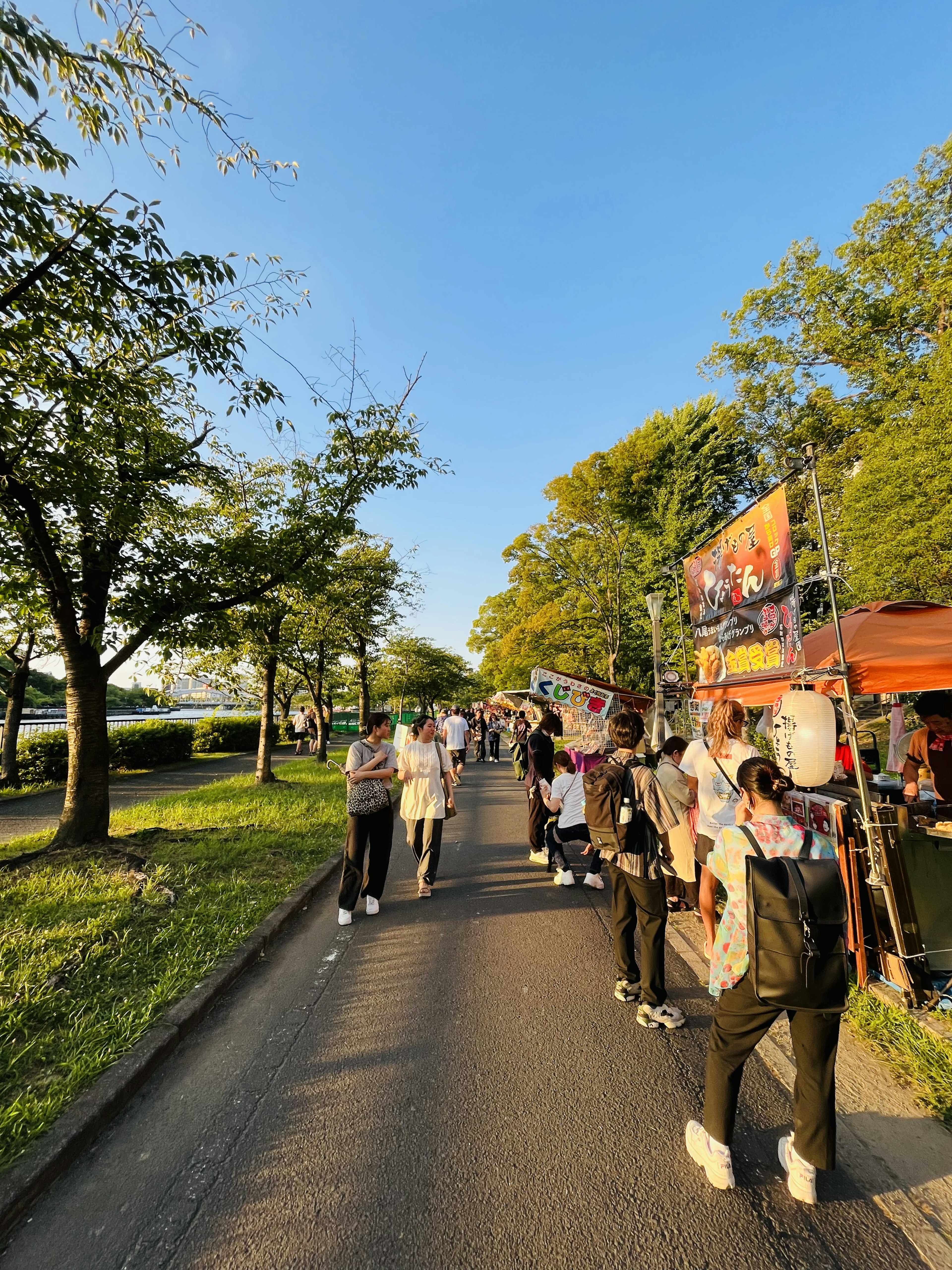 A scene of people walking along a street under a blue sky with stalls and green trees visible