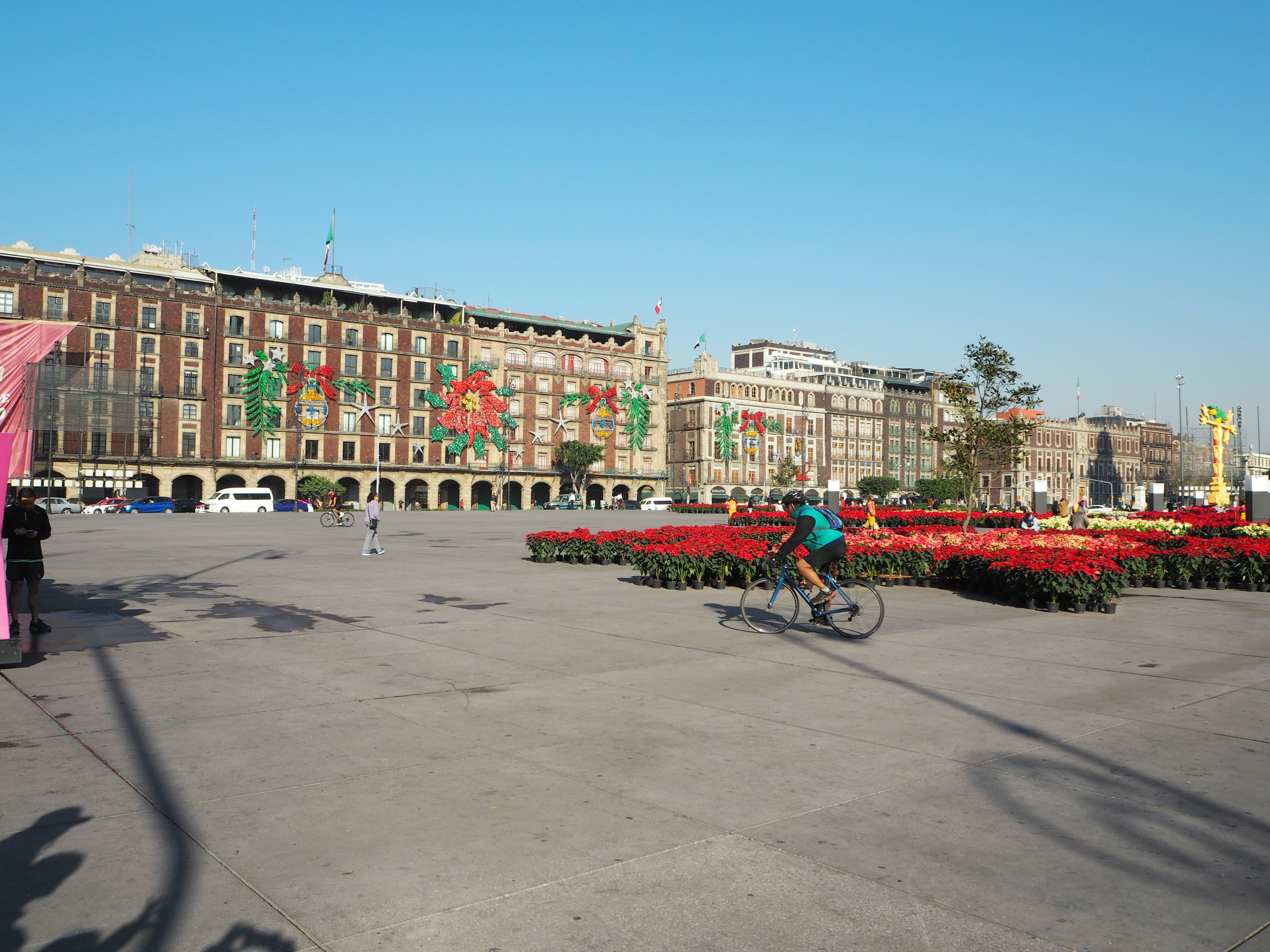 Un ciclista cruzando una plaza con arreglos florales coloridos y edificios al fondo