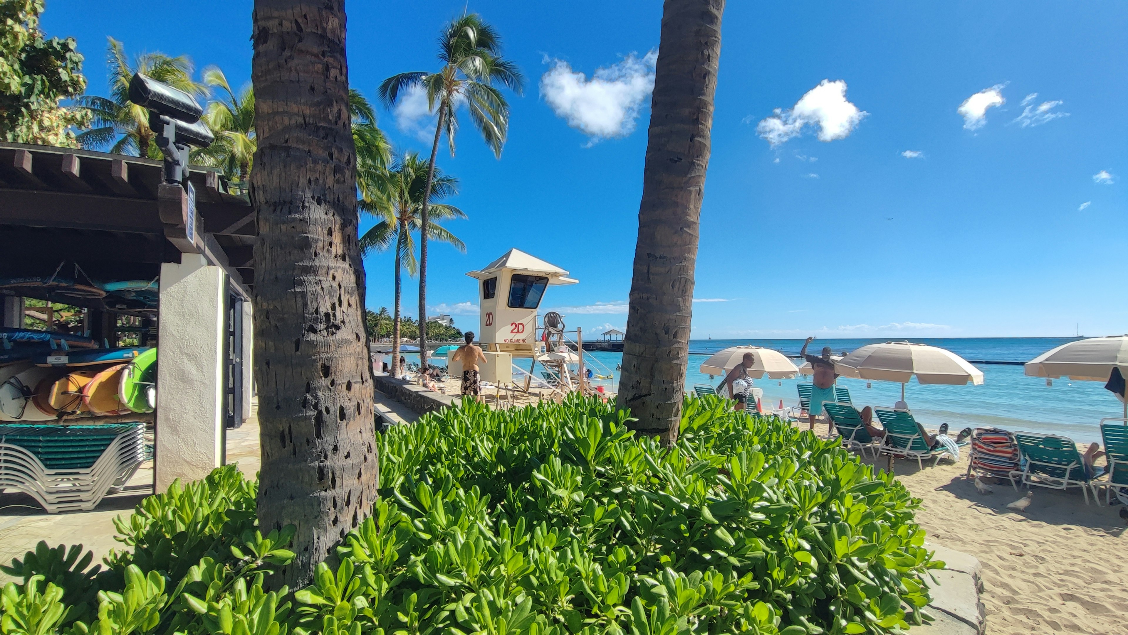 Escena de resort de playa con océano azul y nubes blancas Palmeras y sombrillas visibles