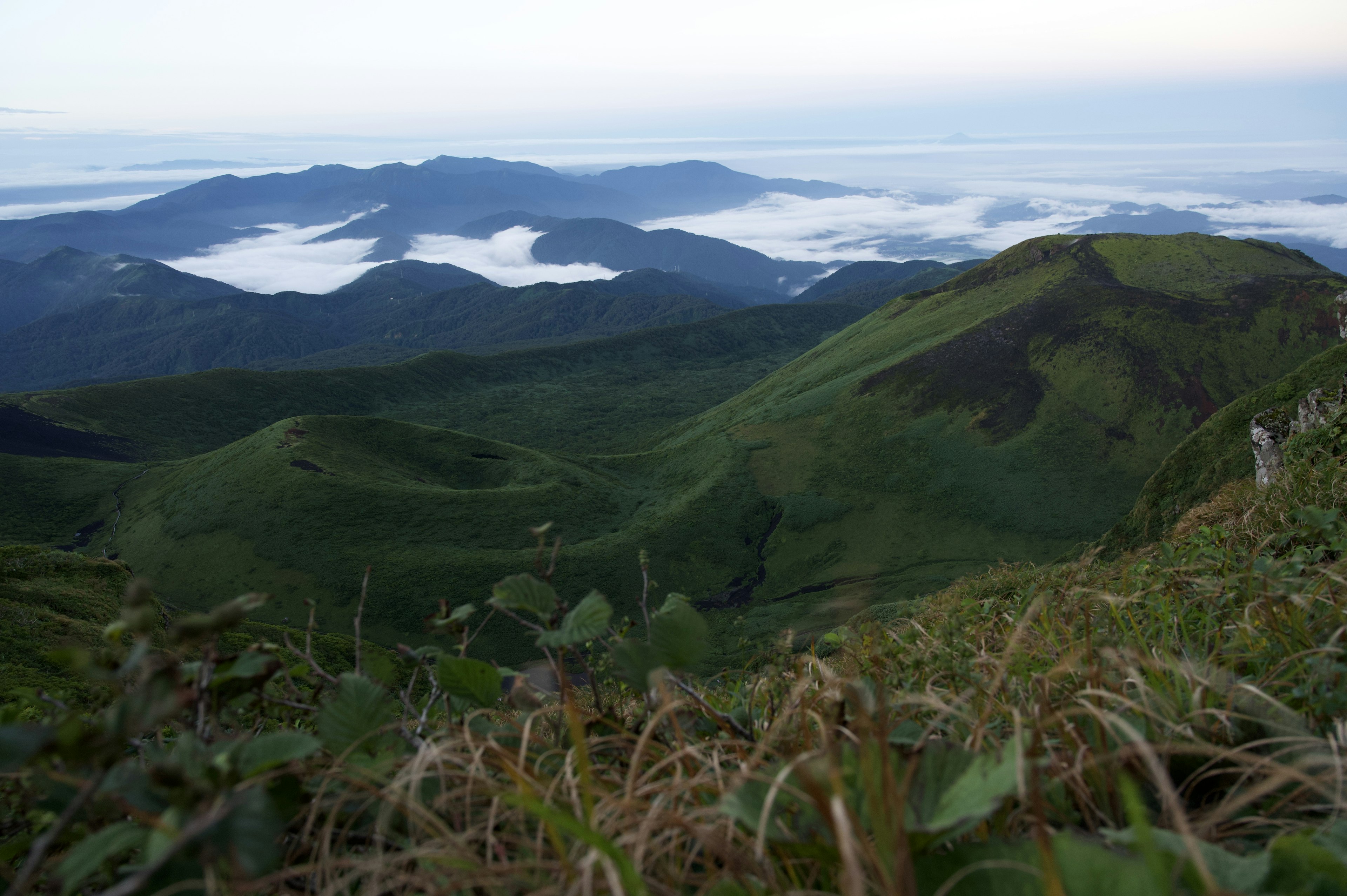 Lush green mountains with a sea of clouds in the background