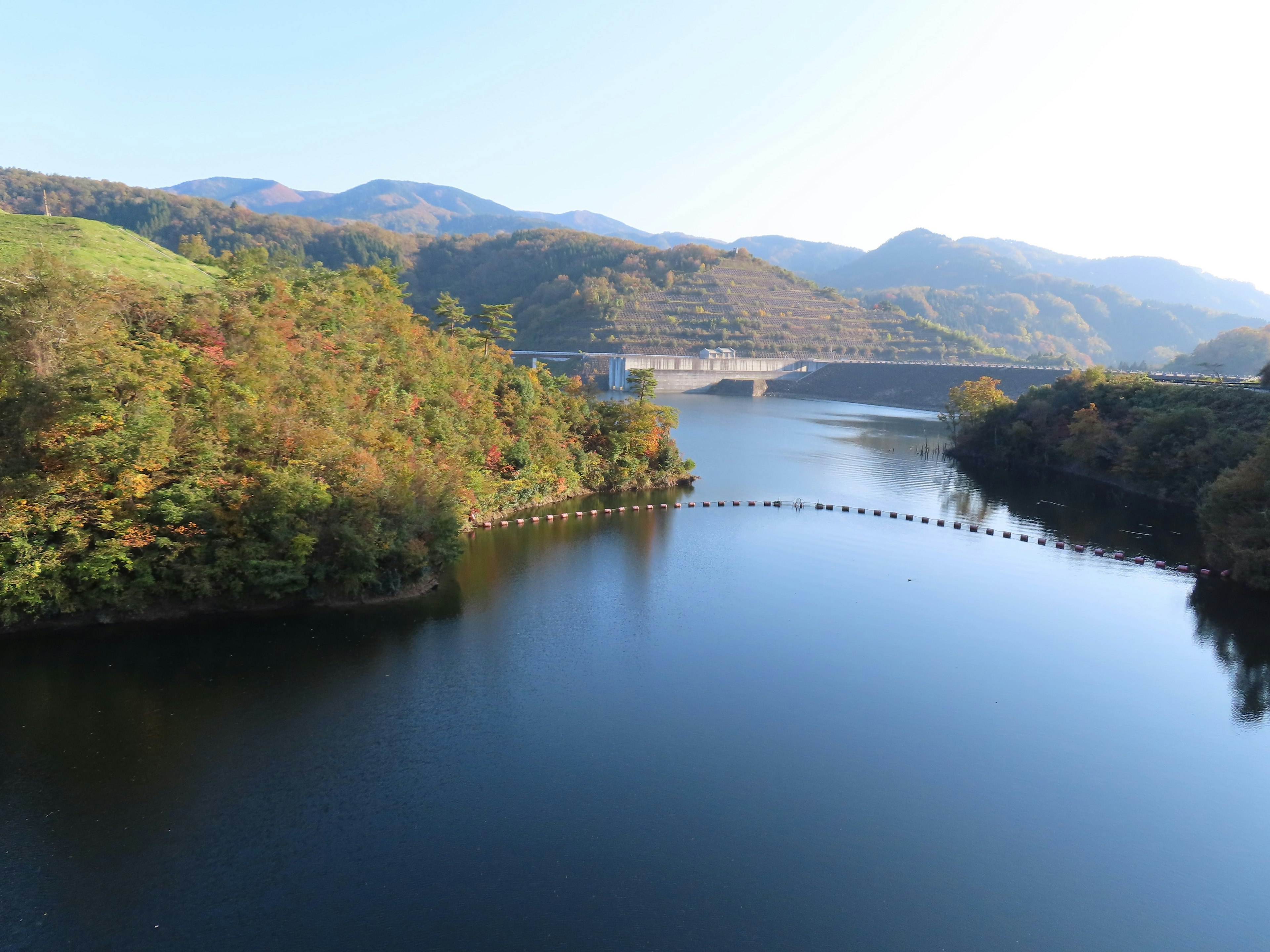 Vista panoramica di un lago circondato da montagne verdeggianti e una superficie d'acqua calma