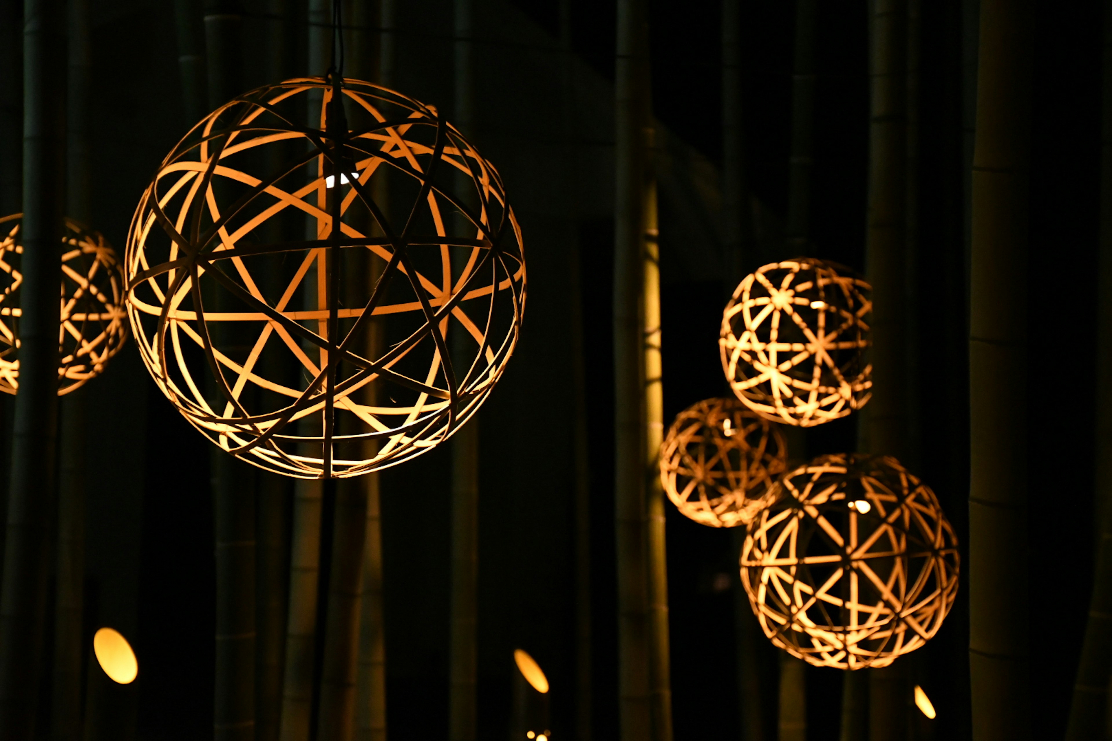 Beautiful lamp shades hanging between bamboo with warm light