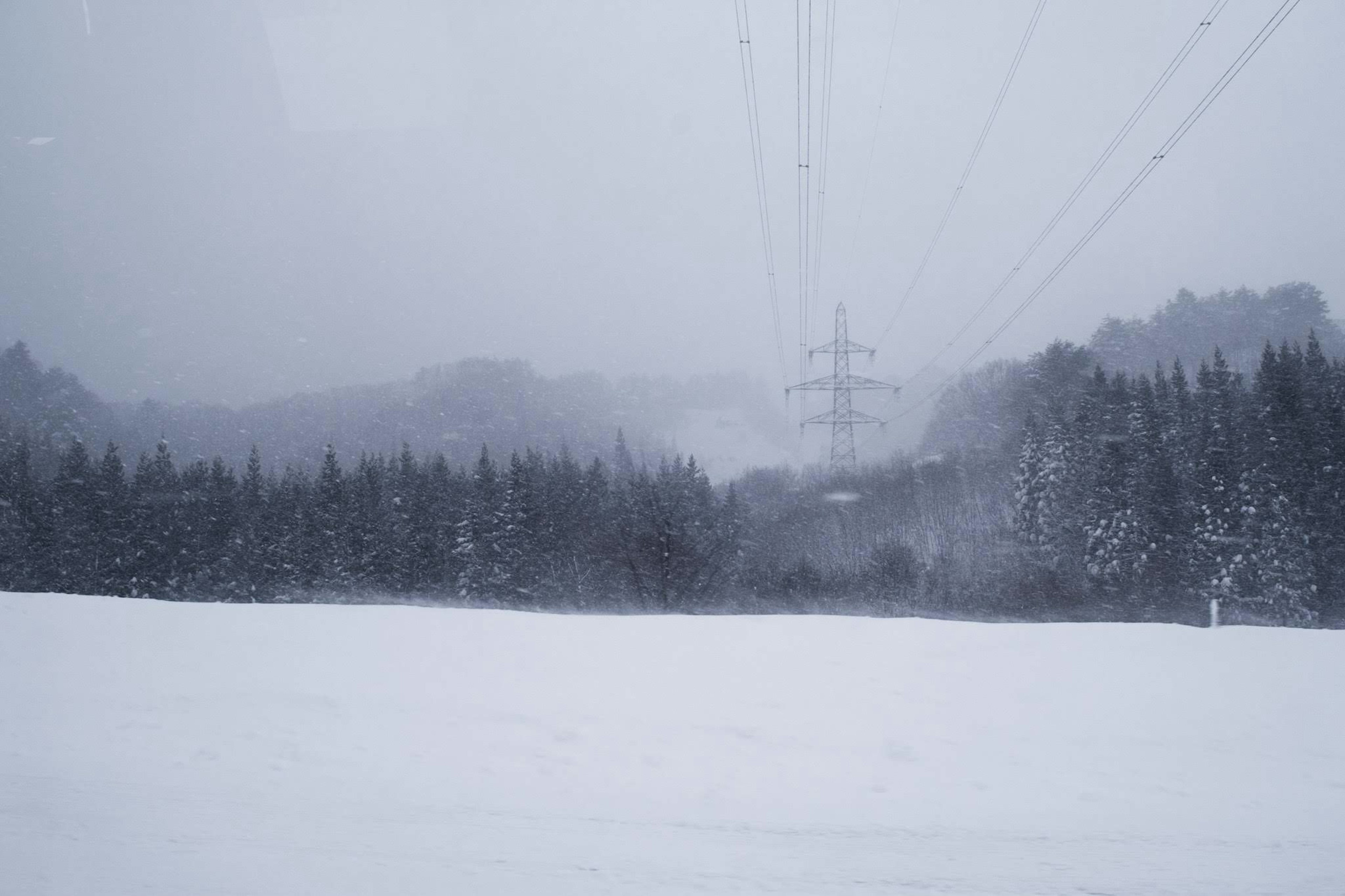 Winter landscape with snow-covered ground and power lines