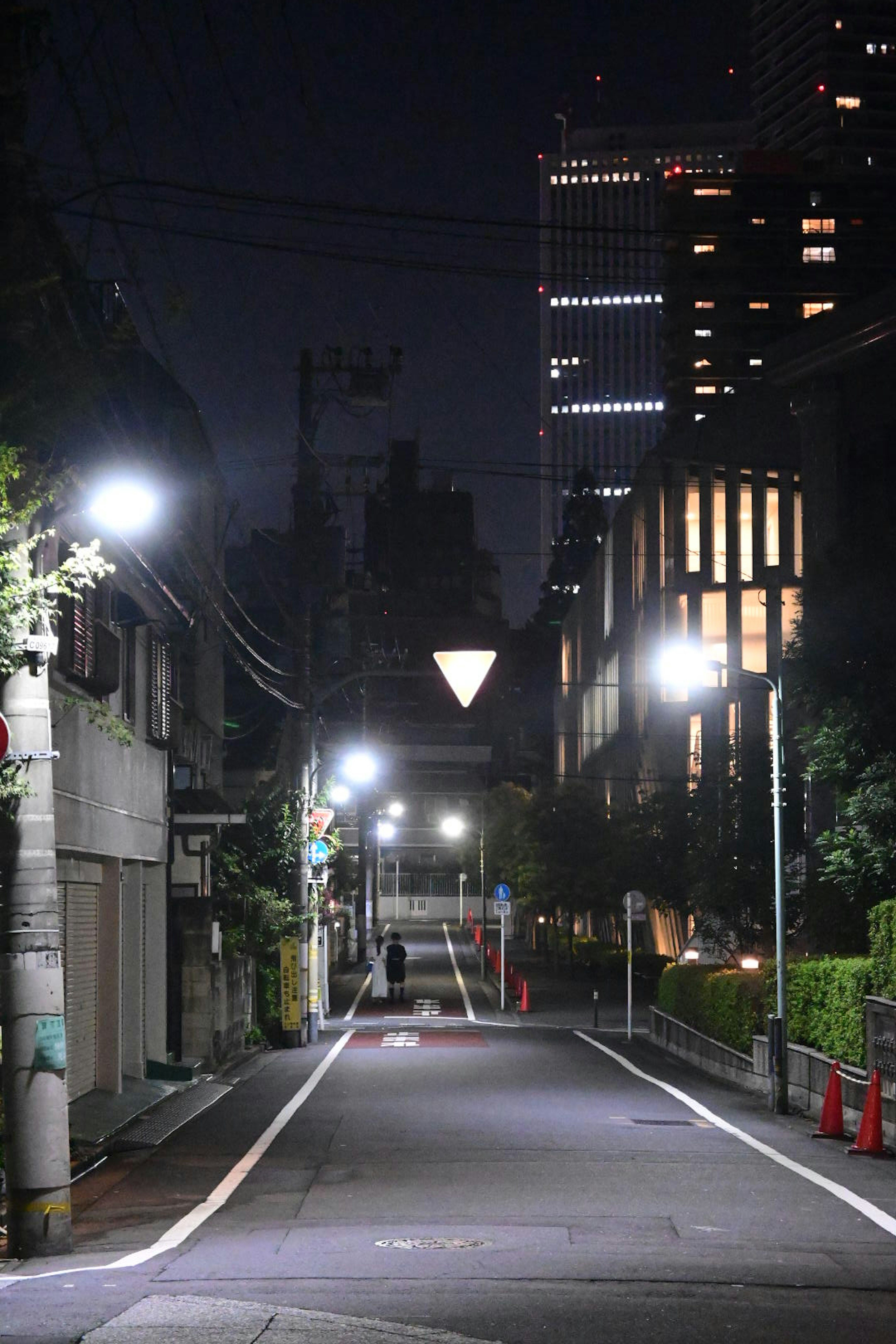 Jalan tenang di Tokyo pada malam hari dengan lampu jalan yang terang