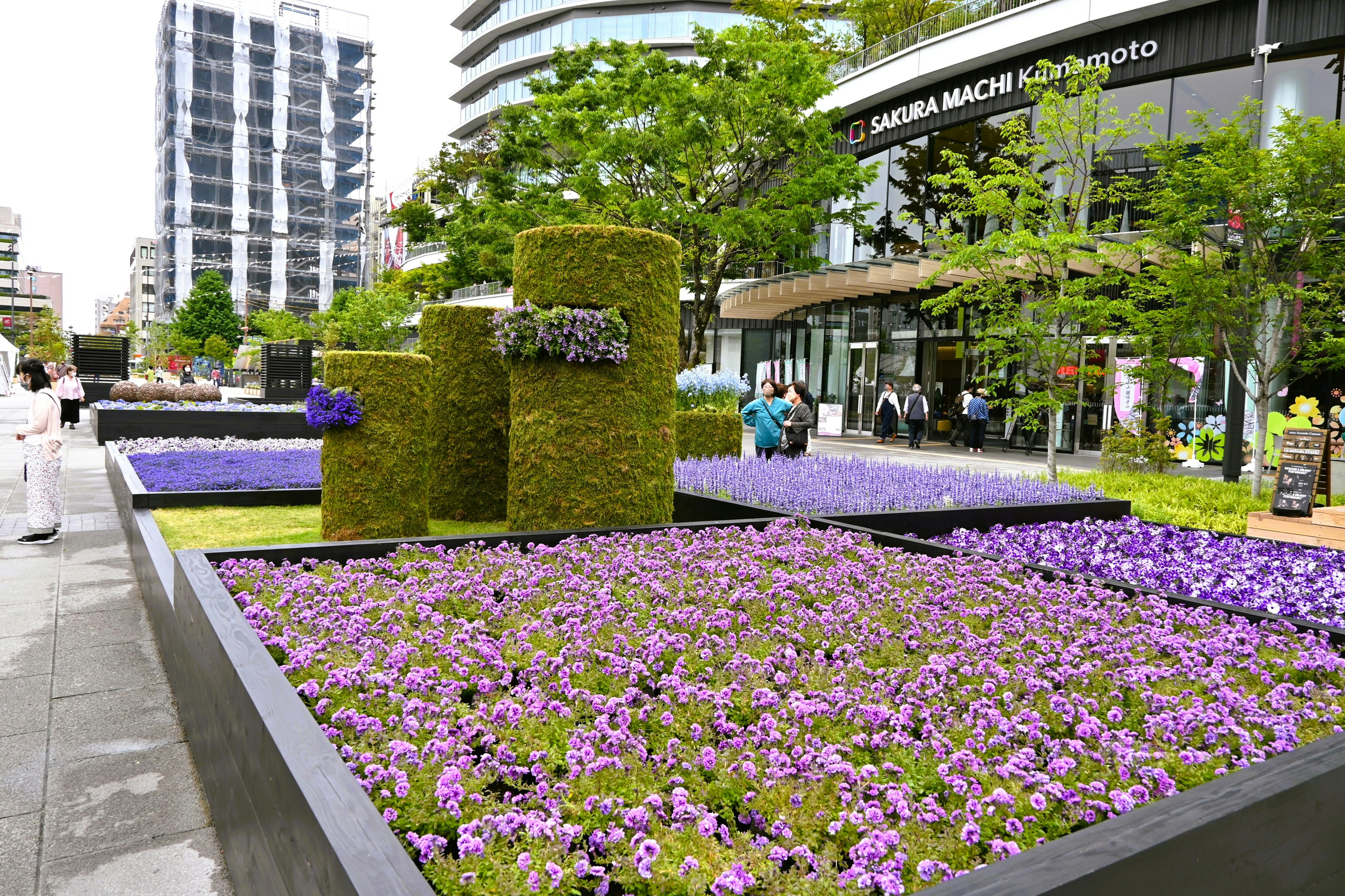 緑の植物で飾られた街の広場に咲く紫色の花々とモダンな建物