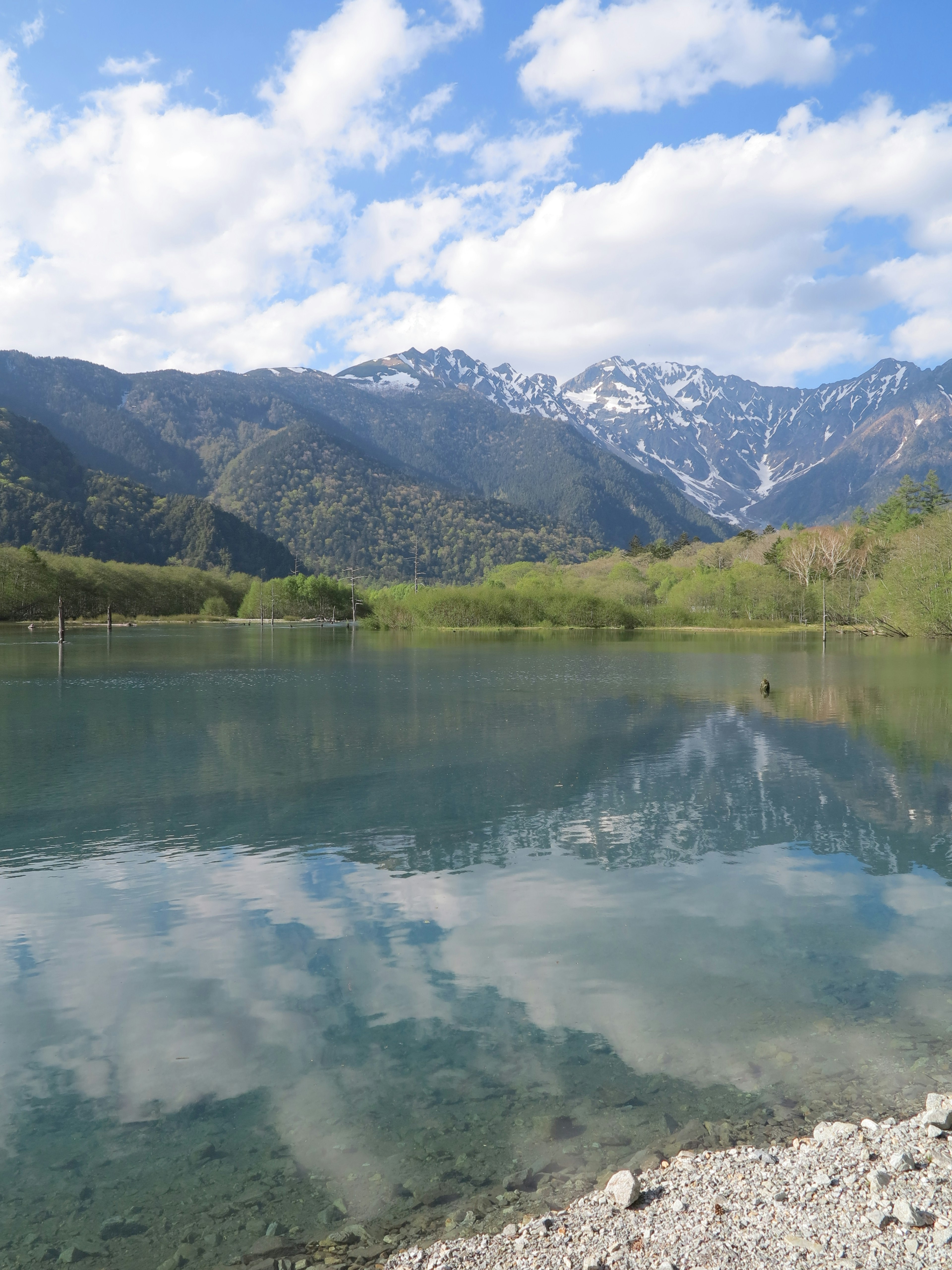 Vista panoramica delle montagne riflesse in un lago blu chiaro