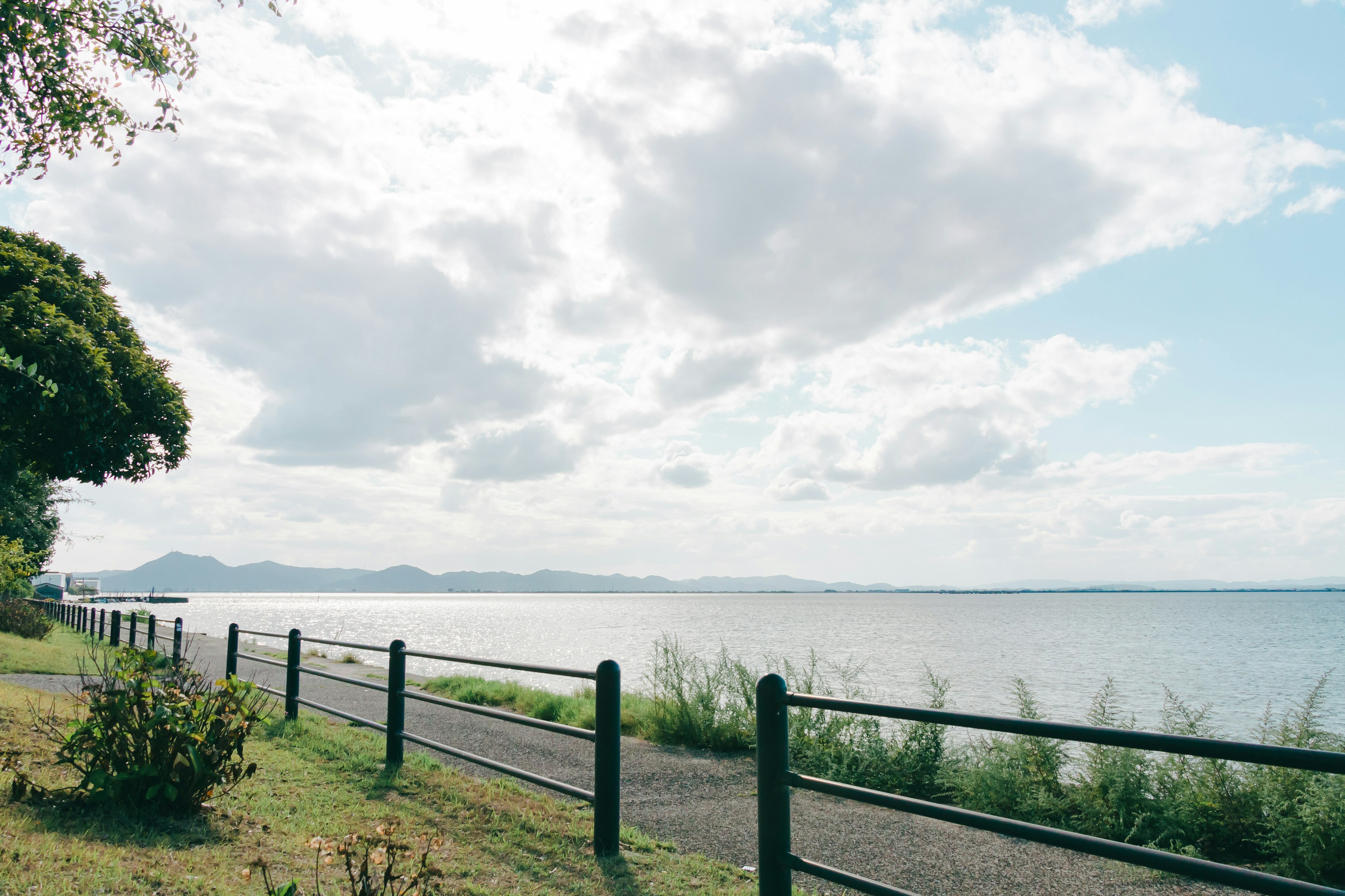 Scenic view of the sea and sky with green landscape and fence