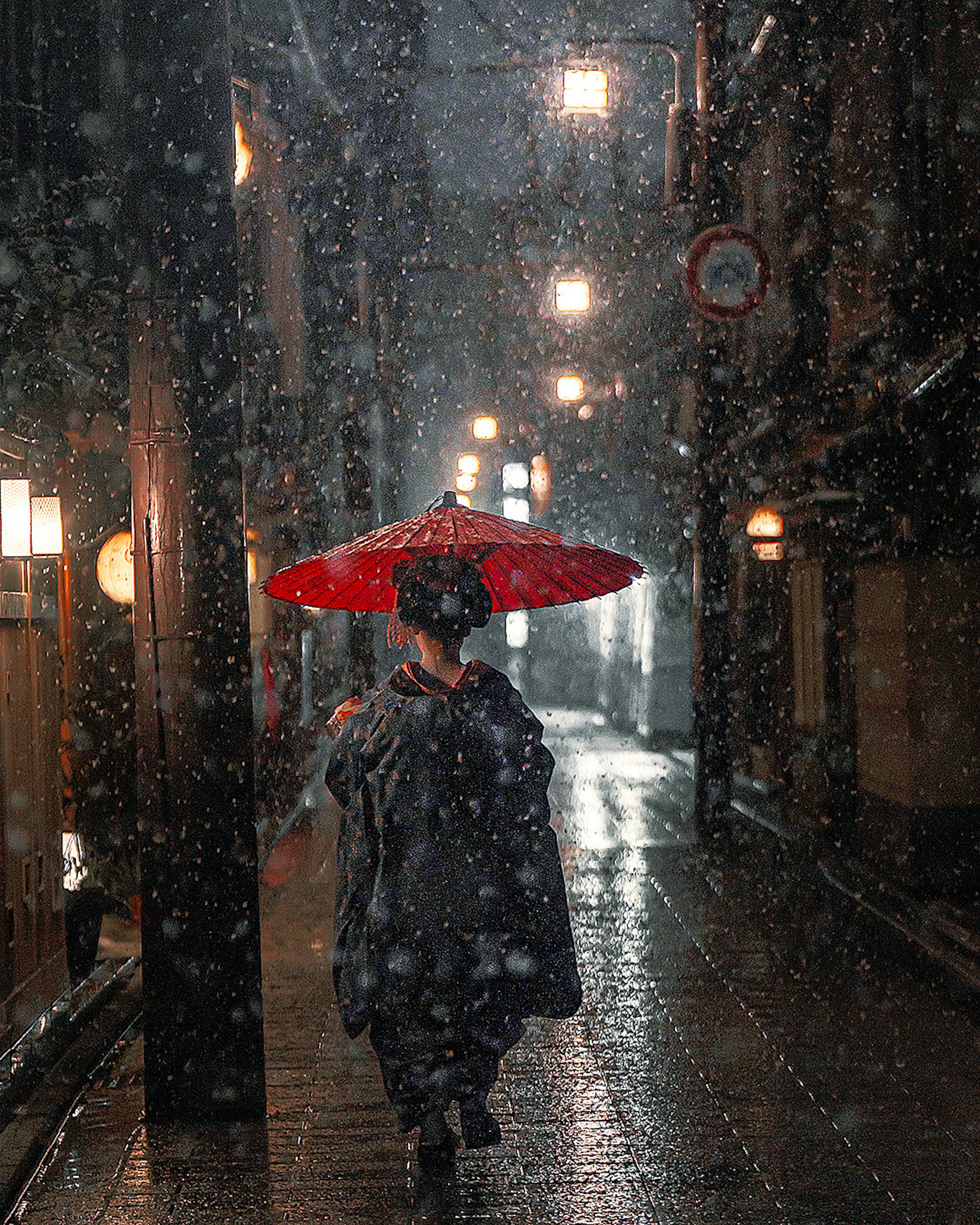 Una persona caminando por una calle tranquila de noche con un paraguas rojo en la nieve