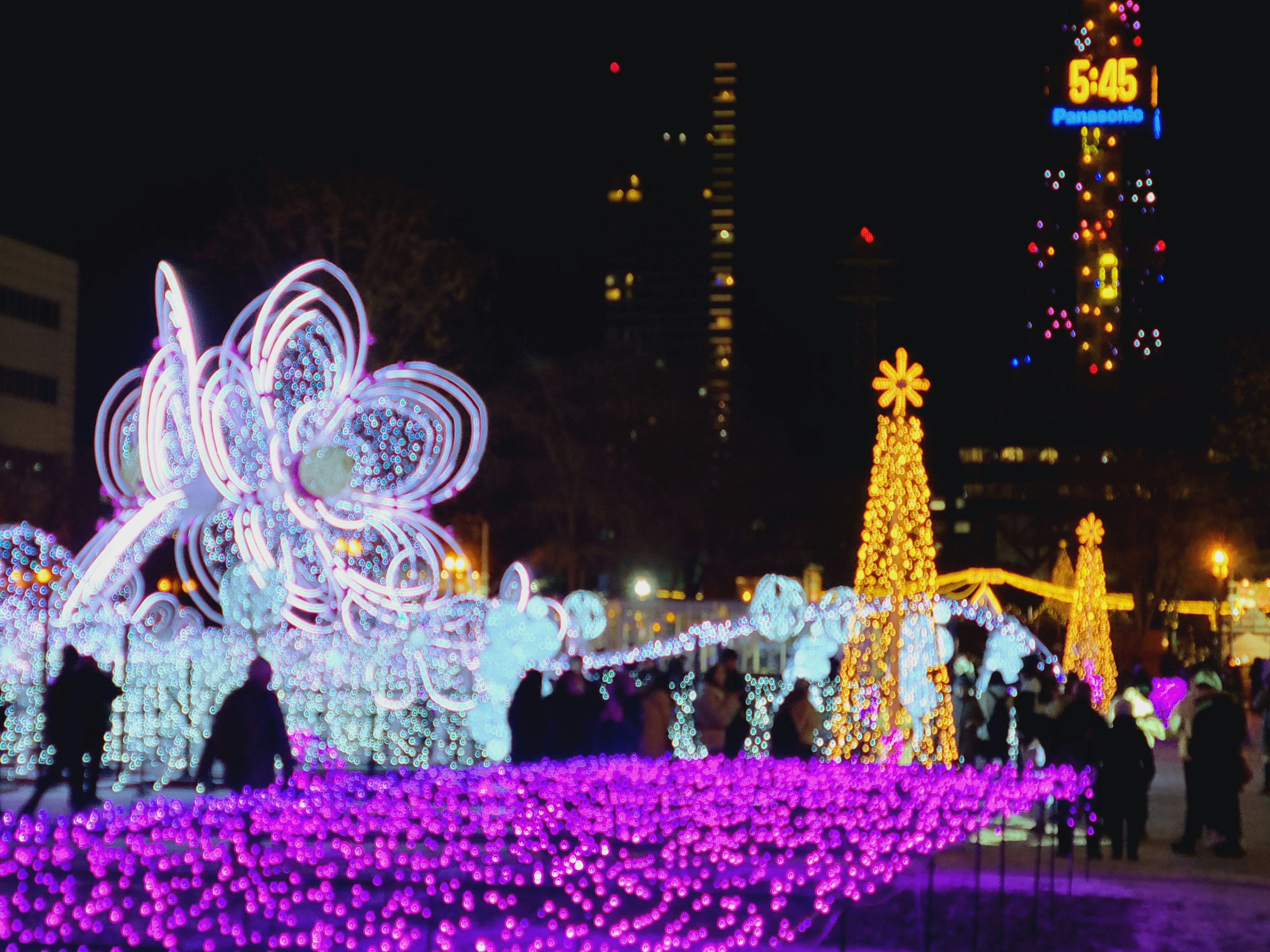 夜の公園に輝く紫色のライトとクリスマスツリーの飾り