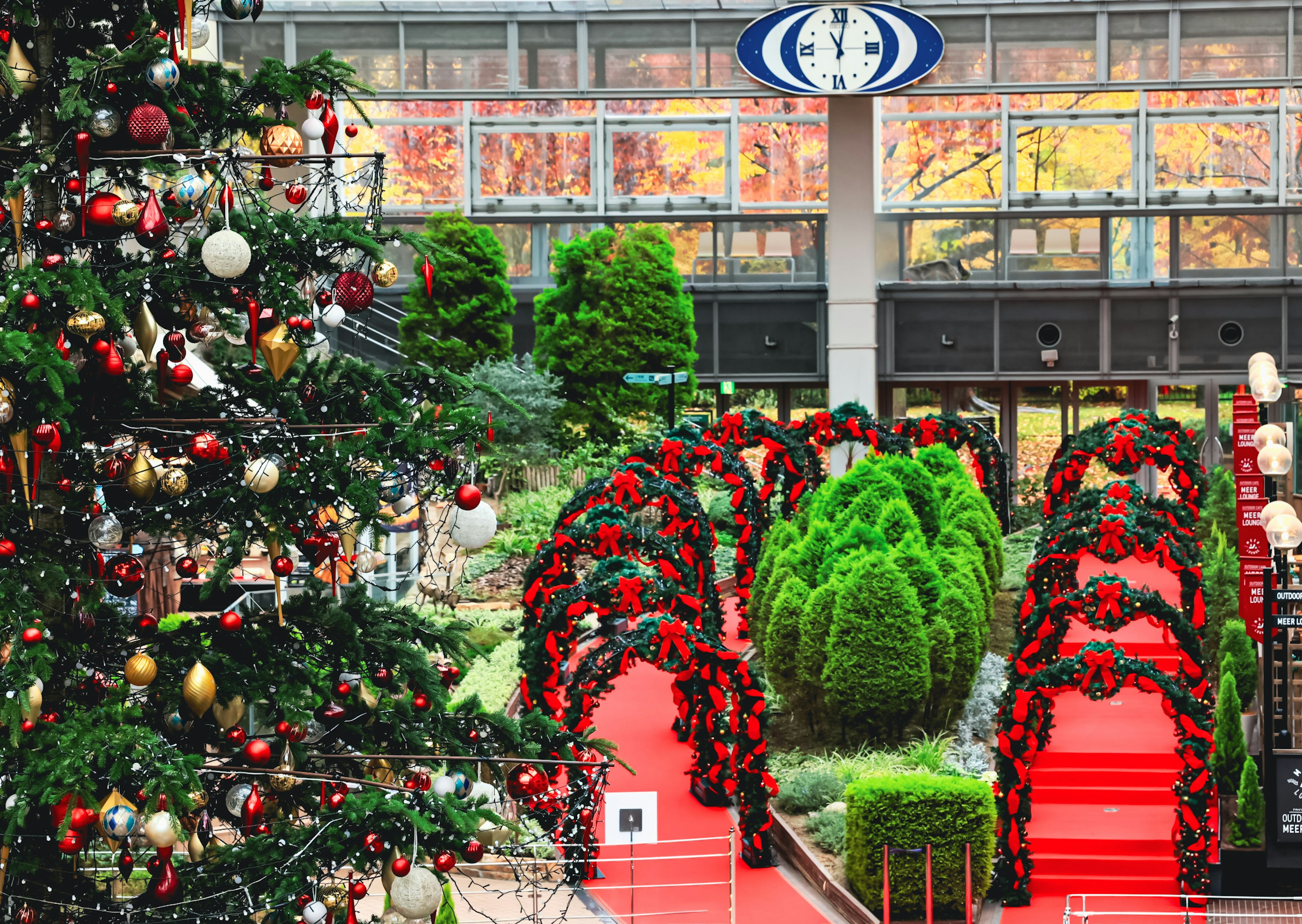 Scène de fête vibrante avec un sapin de Noël et des arches décorées