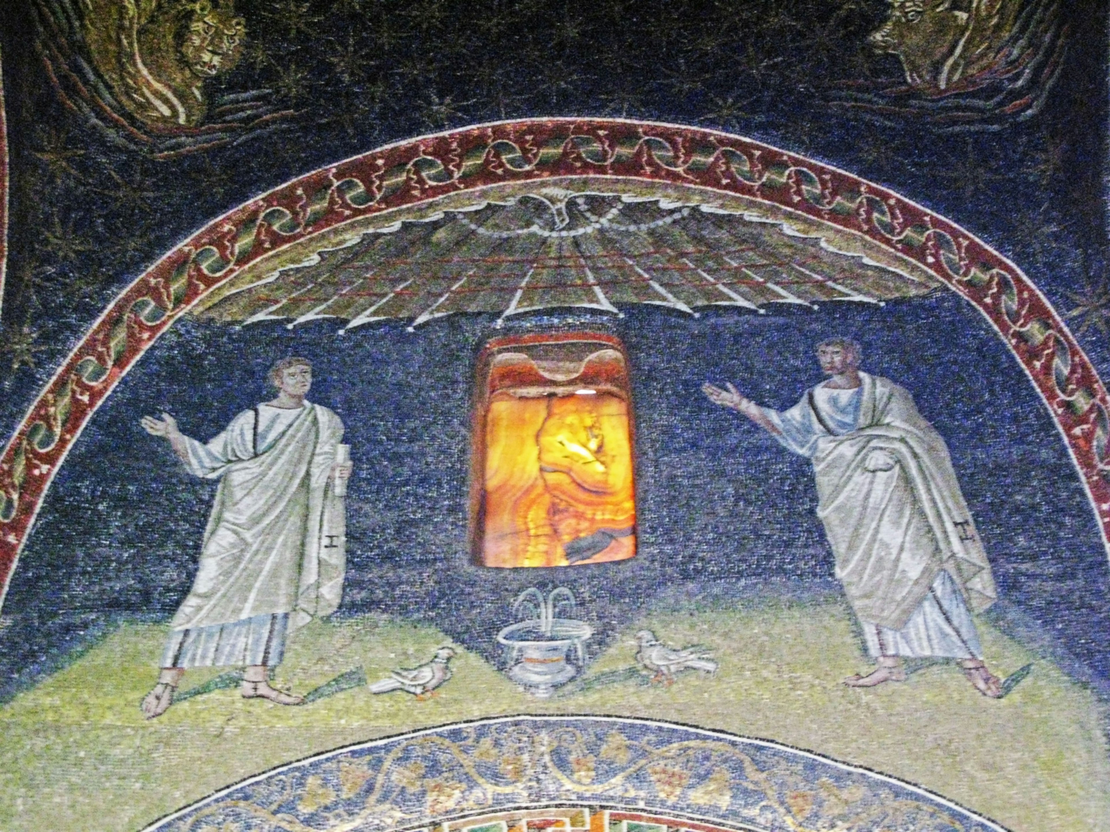 Mosaic art featuring two figures with a glowing window above them