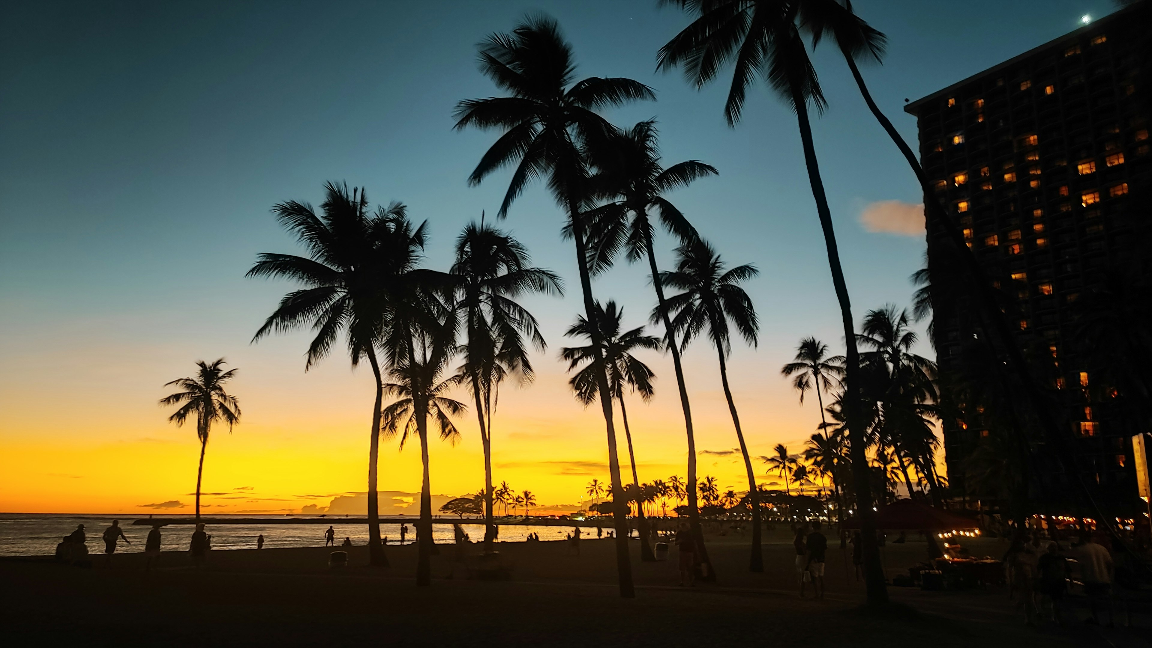 Silhouette of palm trees and hotel against a sunset beach