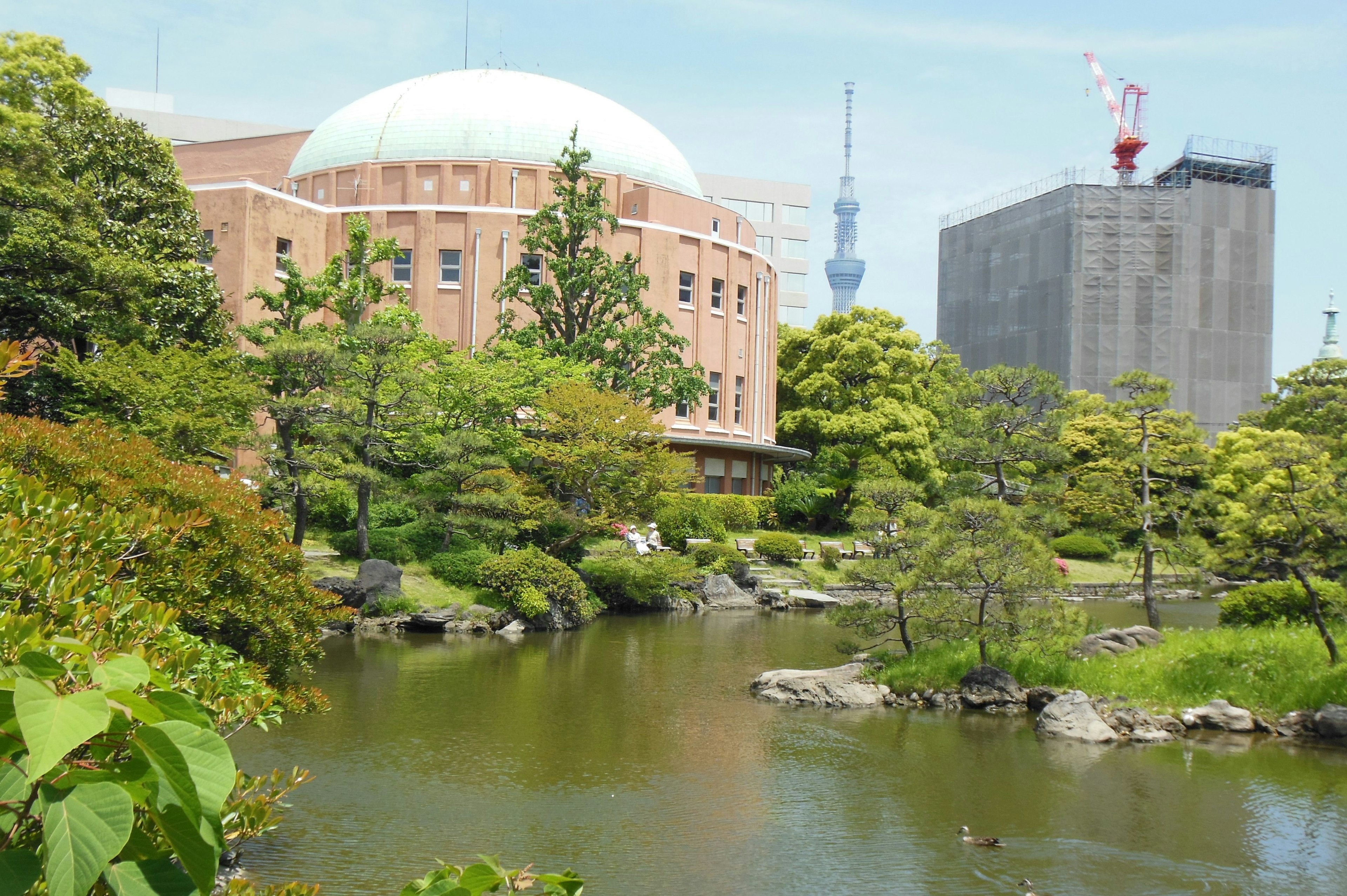 Vista panoramica di un giardino con un lago e un edificio con la Tokyo Skytree