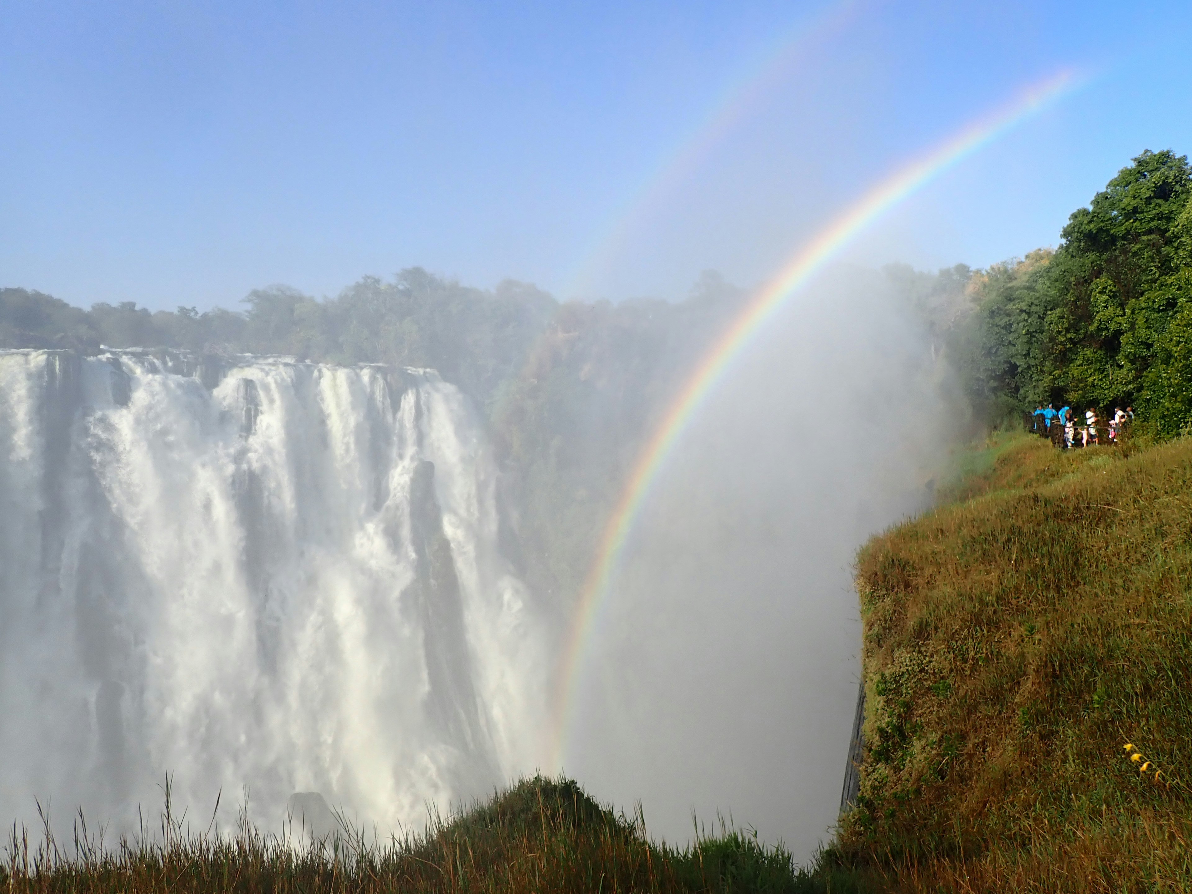 Scenic view of a waterfall with a double rainbow