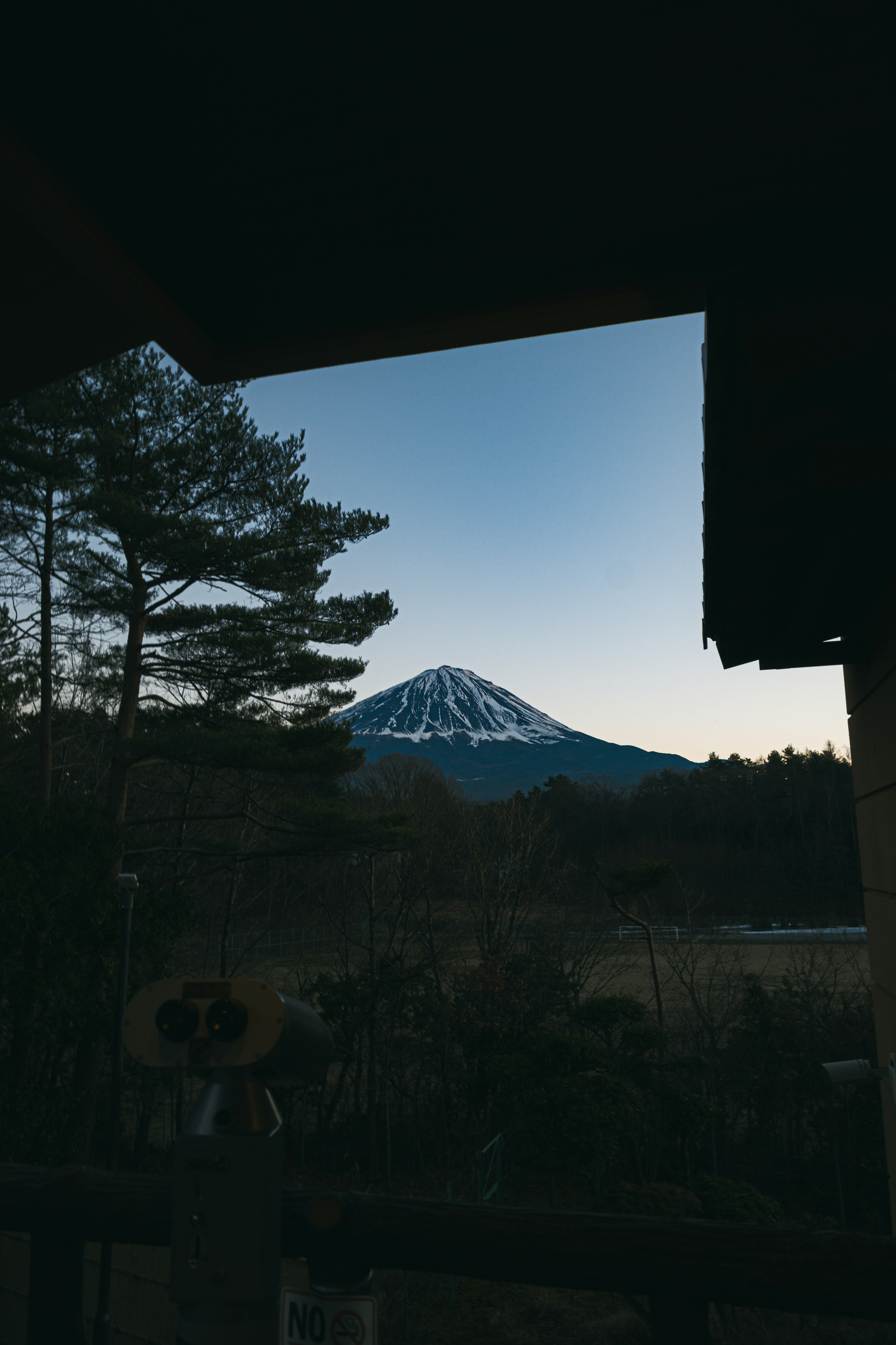 ภาพเงาที่สวยงามของภูเขาฟูจิในภูมิทัศน์ที่เงียบสงบและต้นไม้