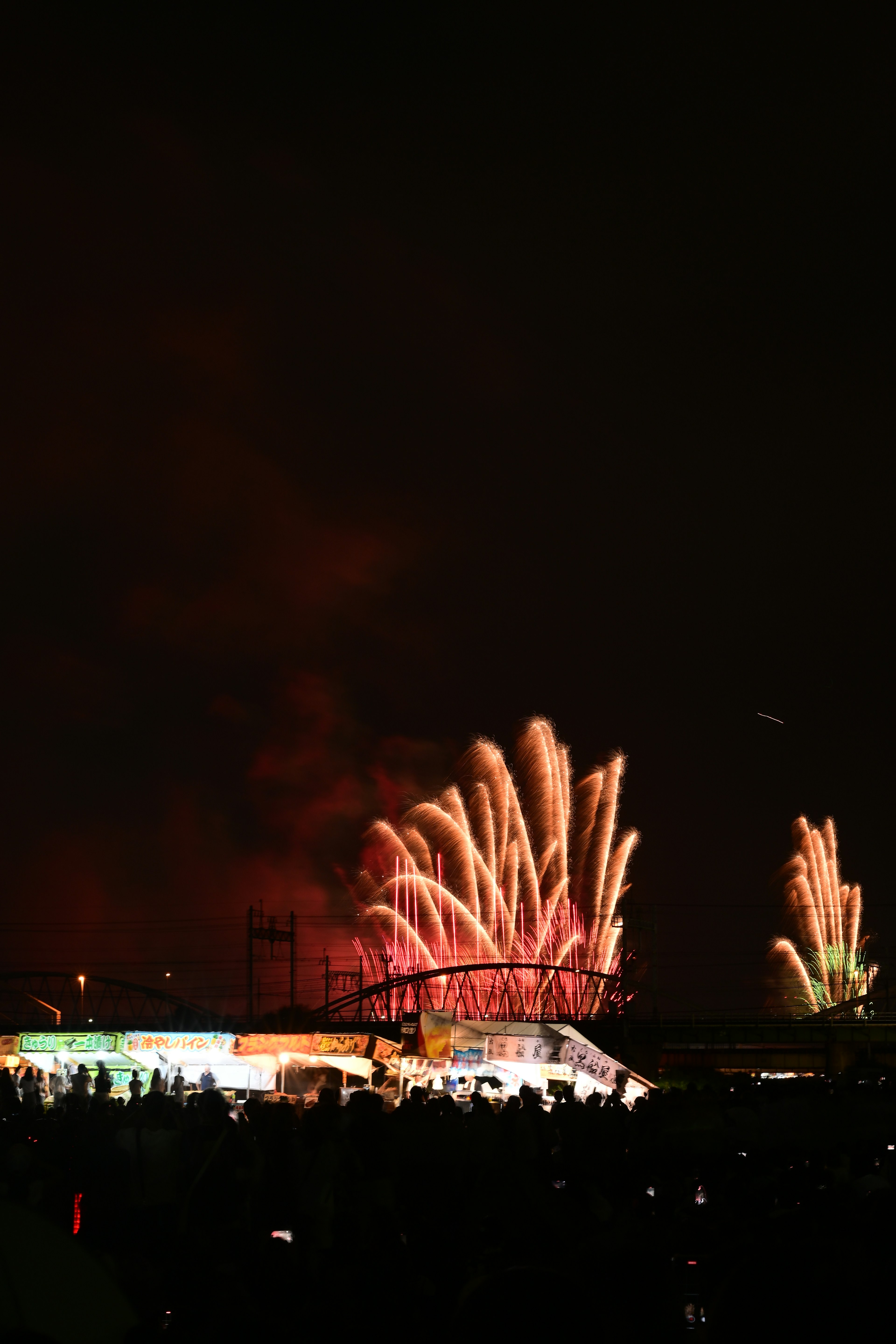 Espectáculo de fuegos artificiales iluminando el cielo nocturno con siluetas de espectadores