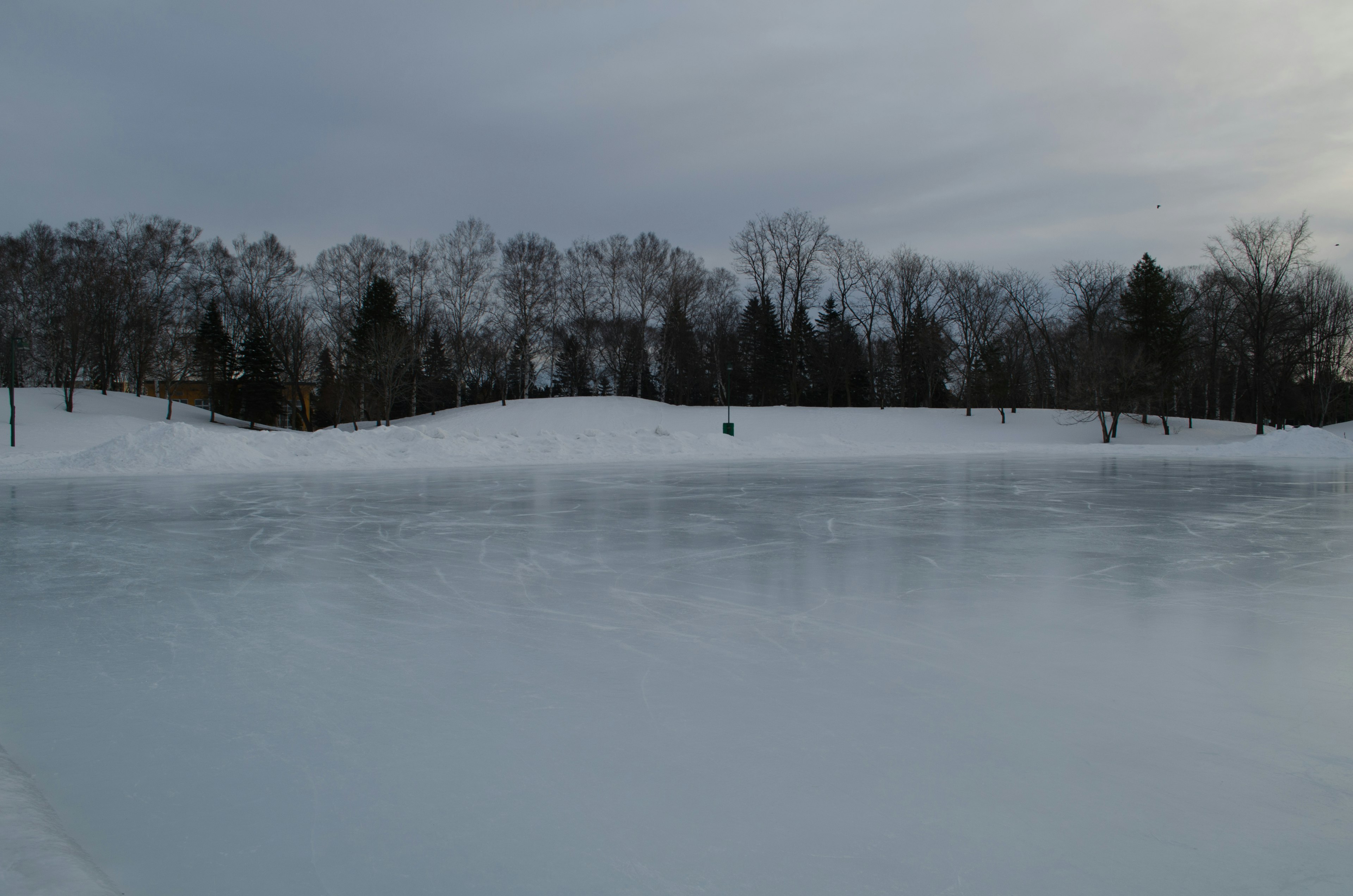 Snow-covered landscape with a frozen lake